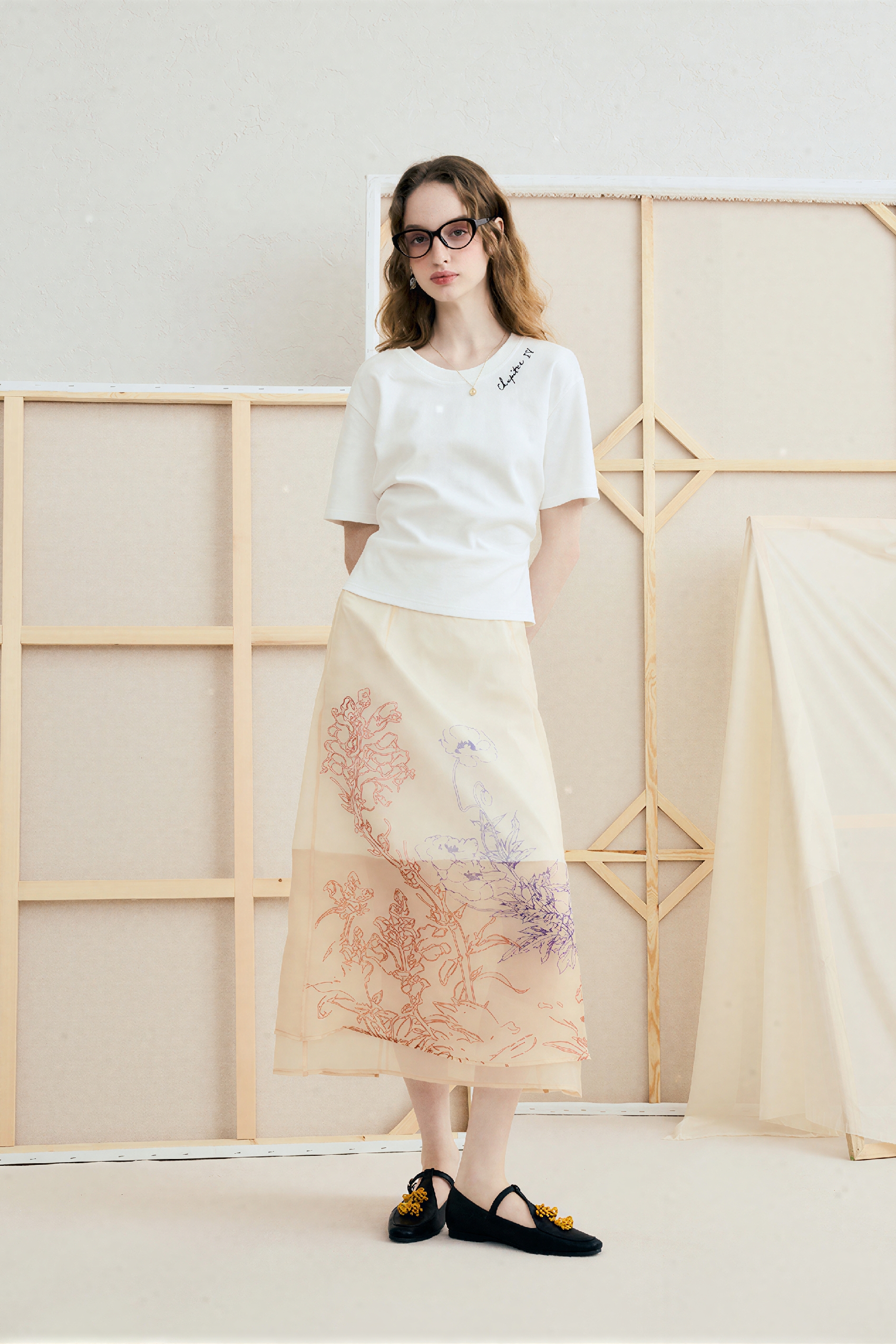 Printed A-Line Midi Tulle Skirt