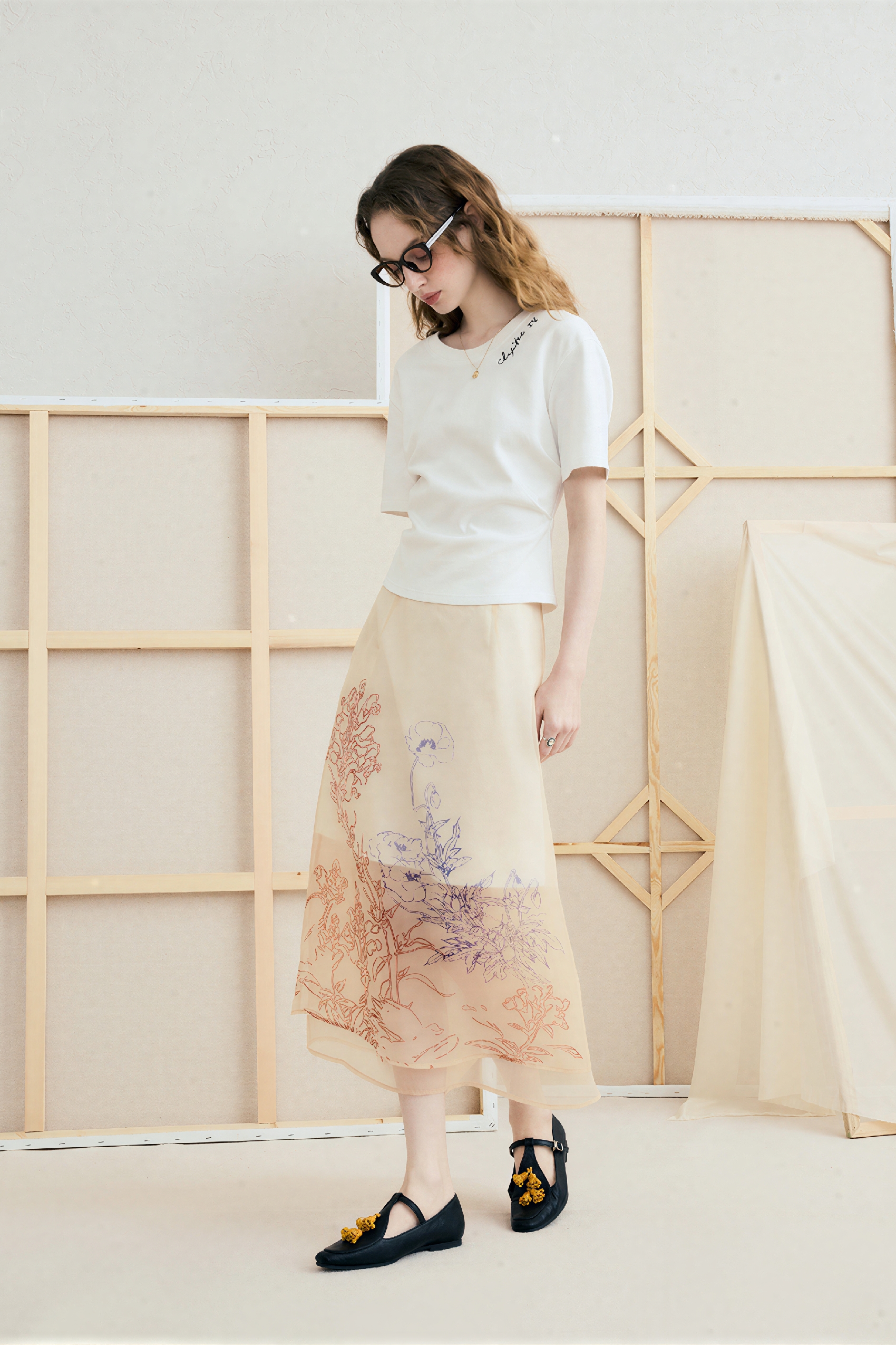 Printed A-Line Midi Tulle Skirt