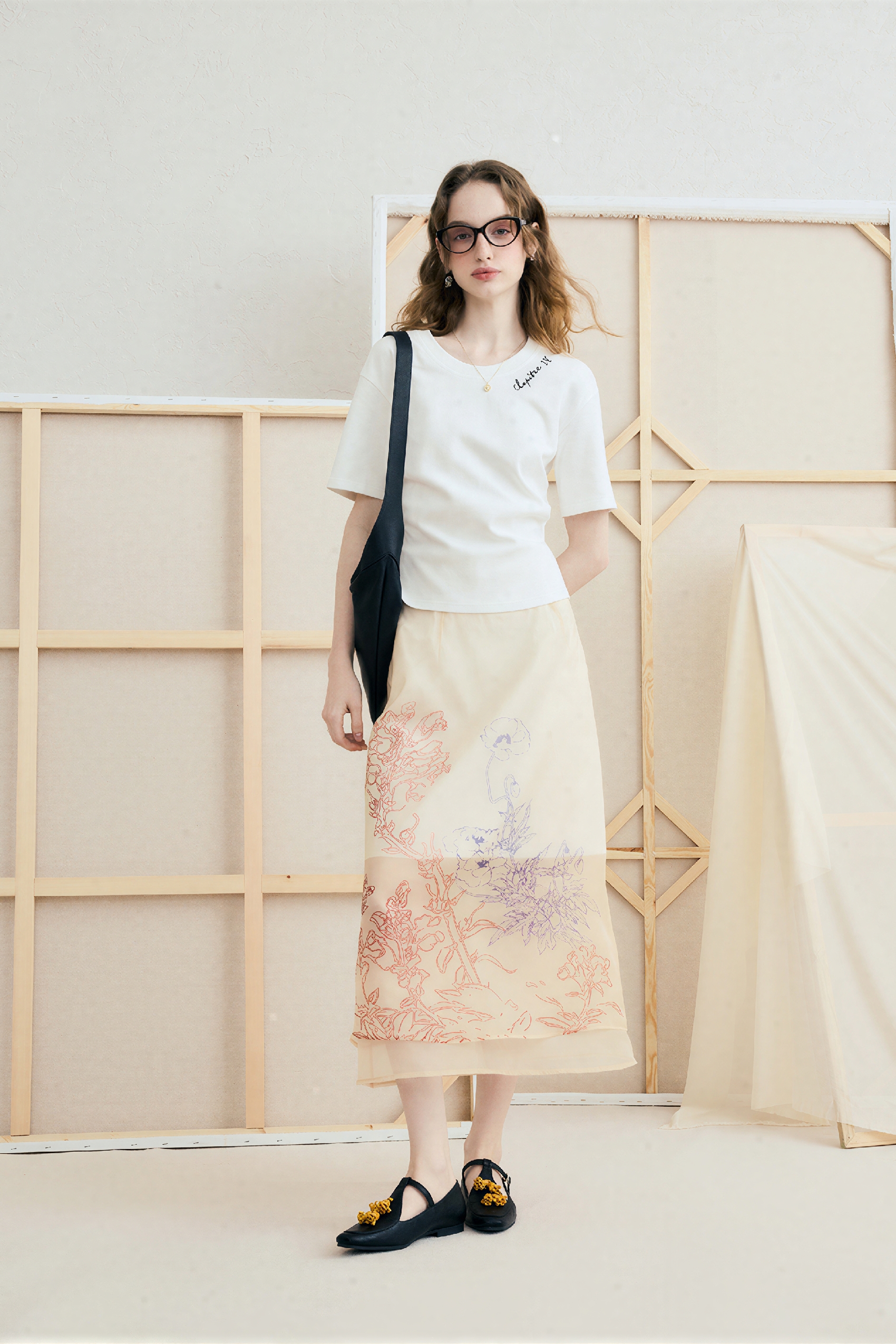 Printed A-Line Midi Tulle Skirt