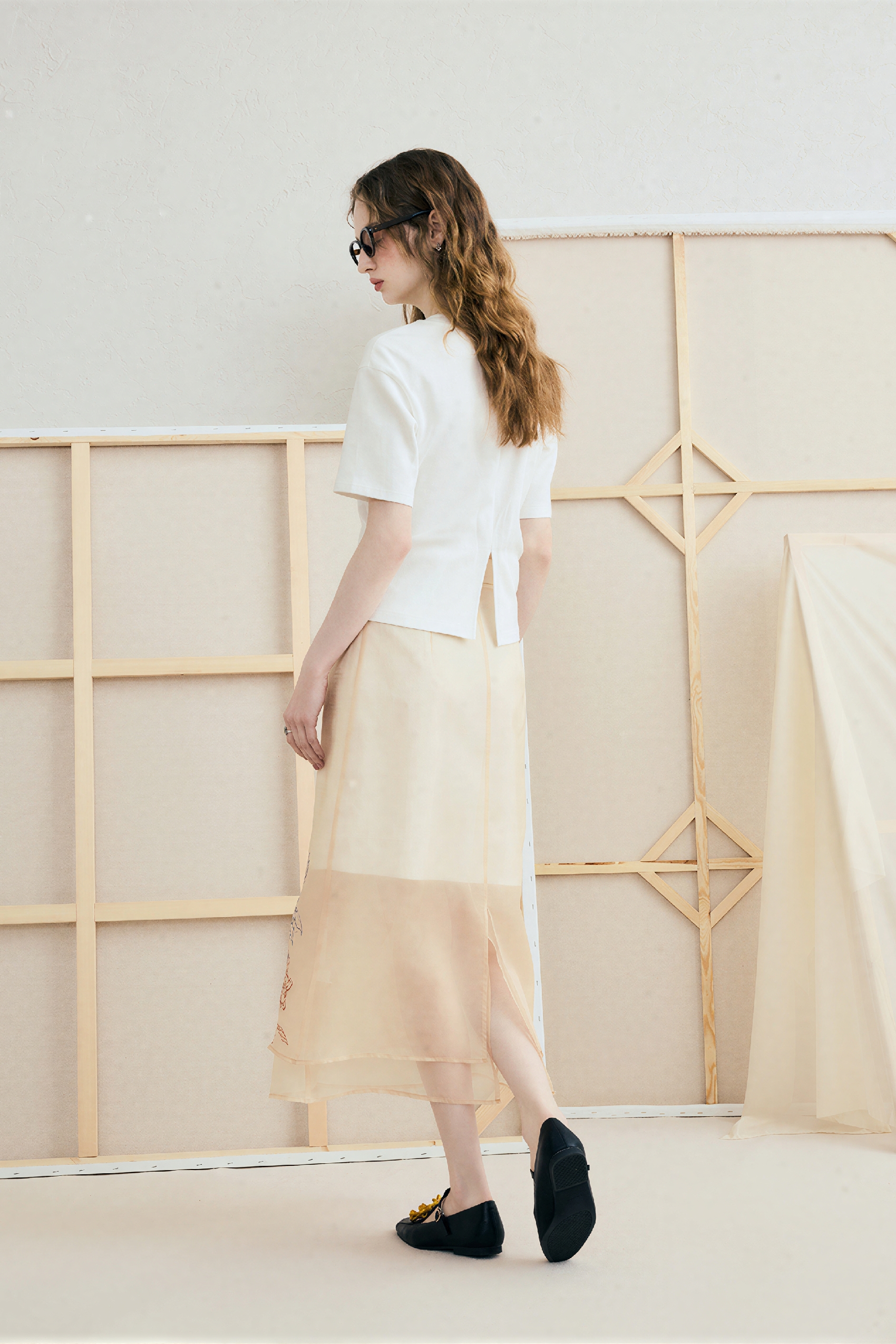 Printed A-Line Midi Tulle Skirt