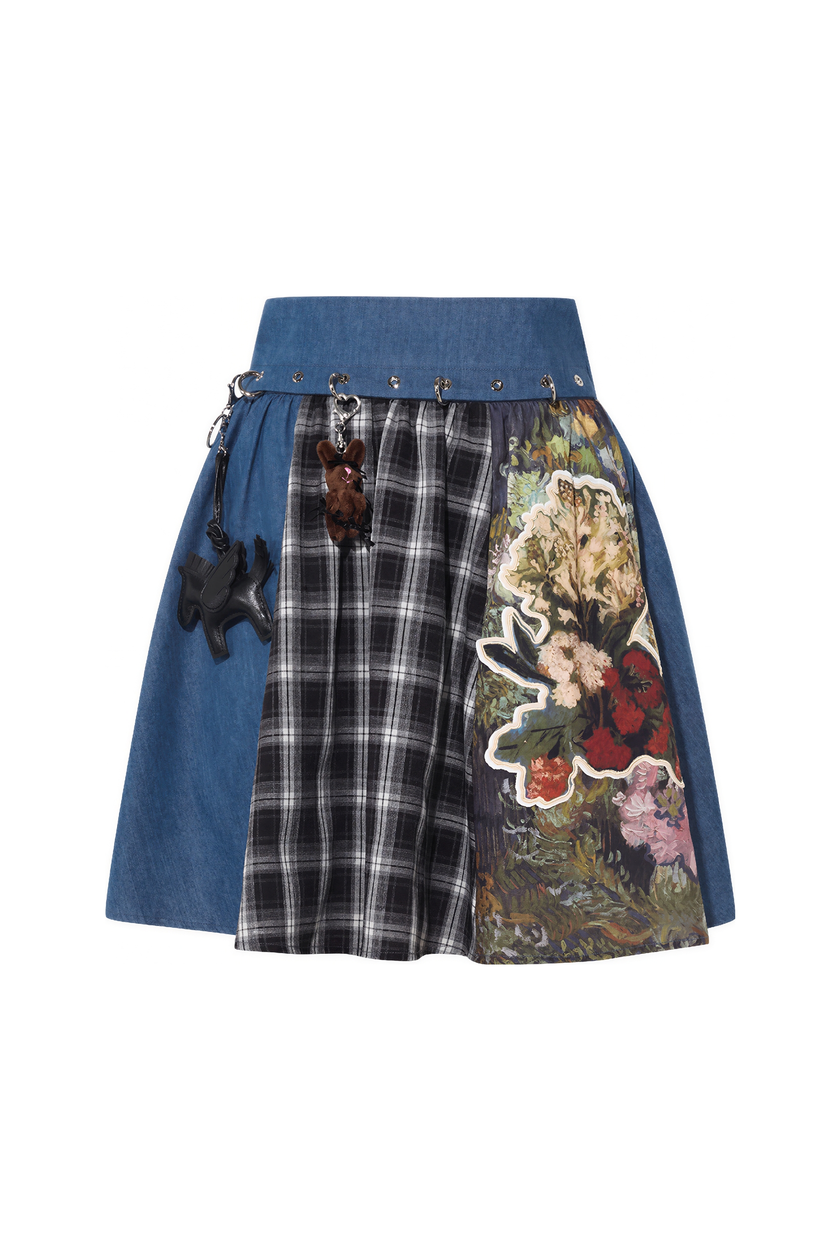 Patchwork Pleated Denim Mini Skirt