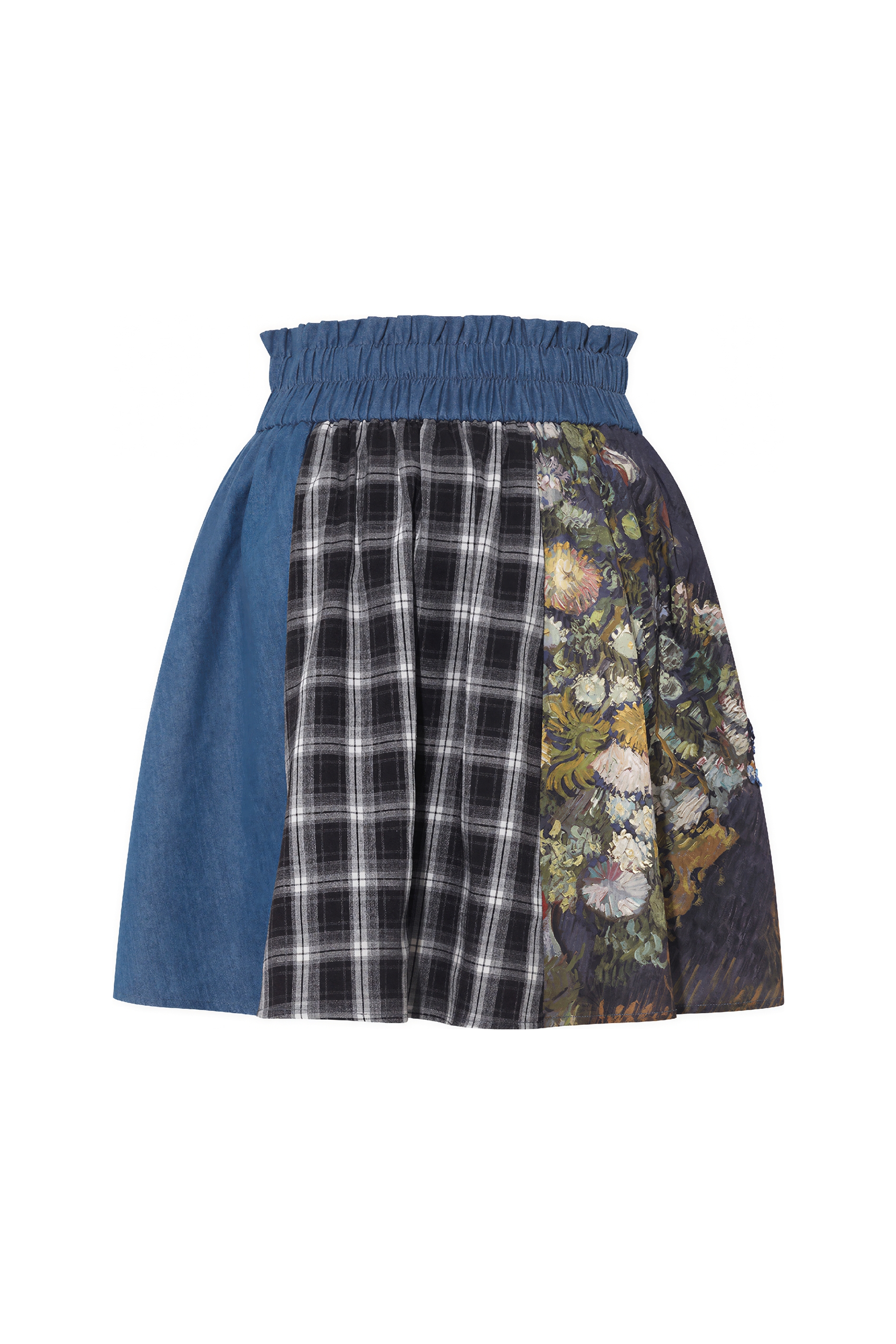 Patchwork Pleated Denim Mini Skirt