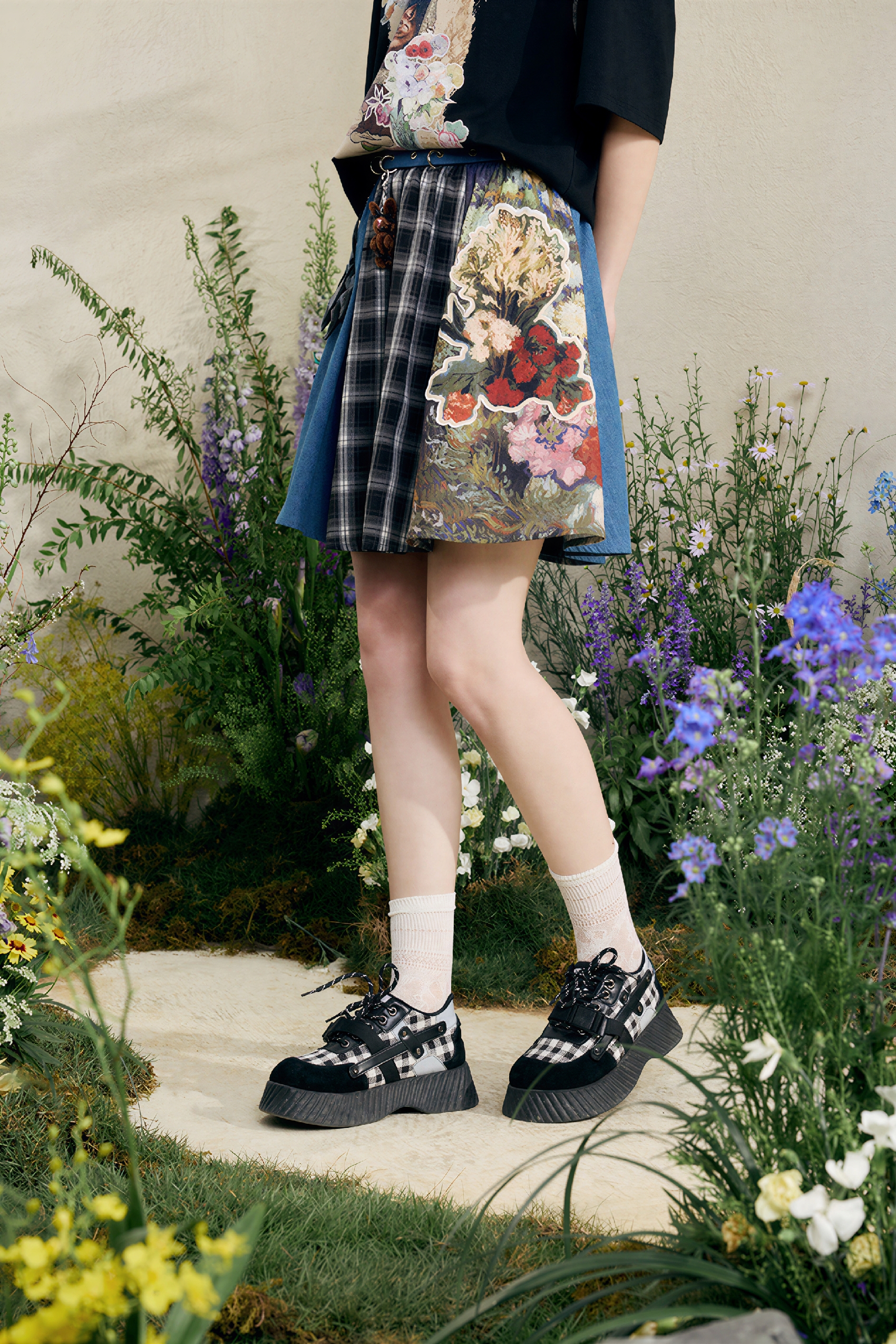 Patchwork Pleated Denim Mini Skirt