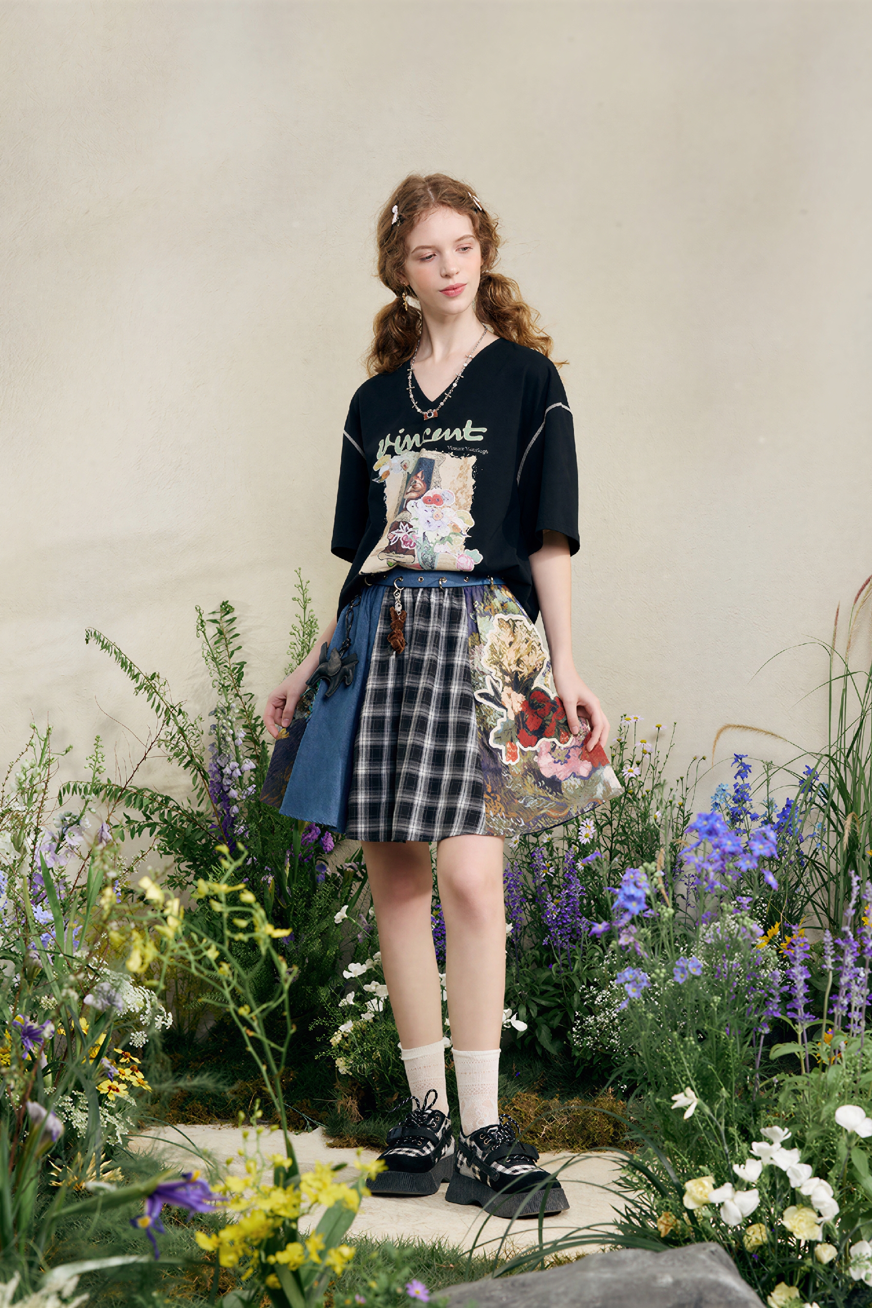 Patchwork Pleated Denim Mini Skirt