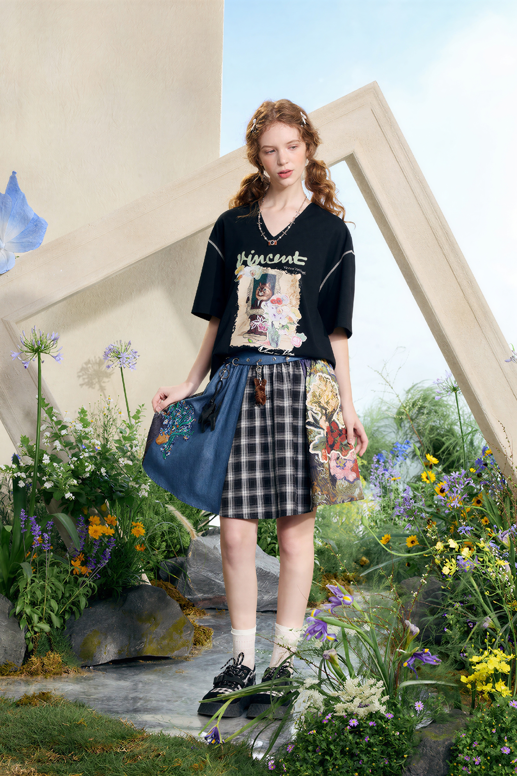 Patchwork Pleated Denim Mini Skirt