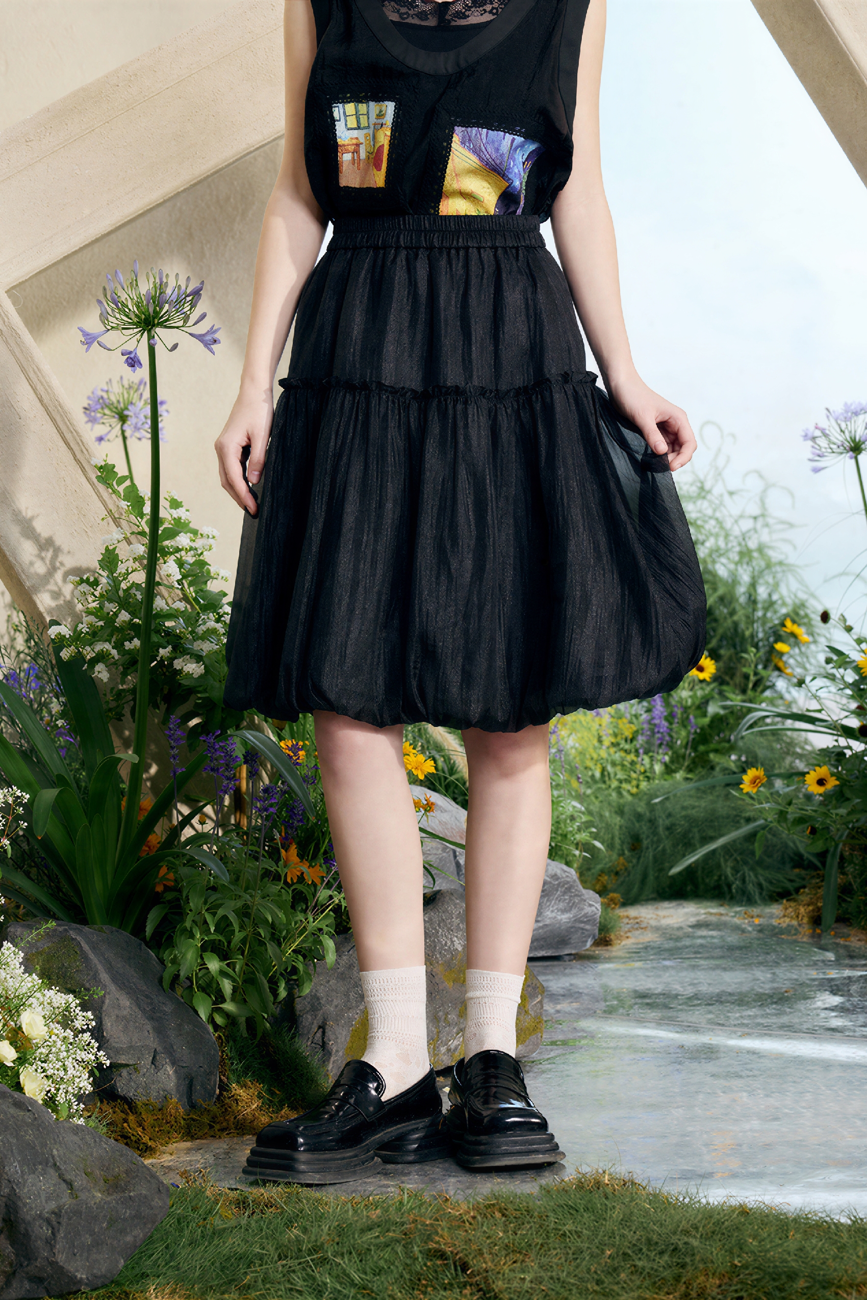Sheer Organza Pleated Skirt