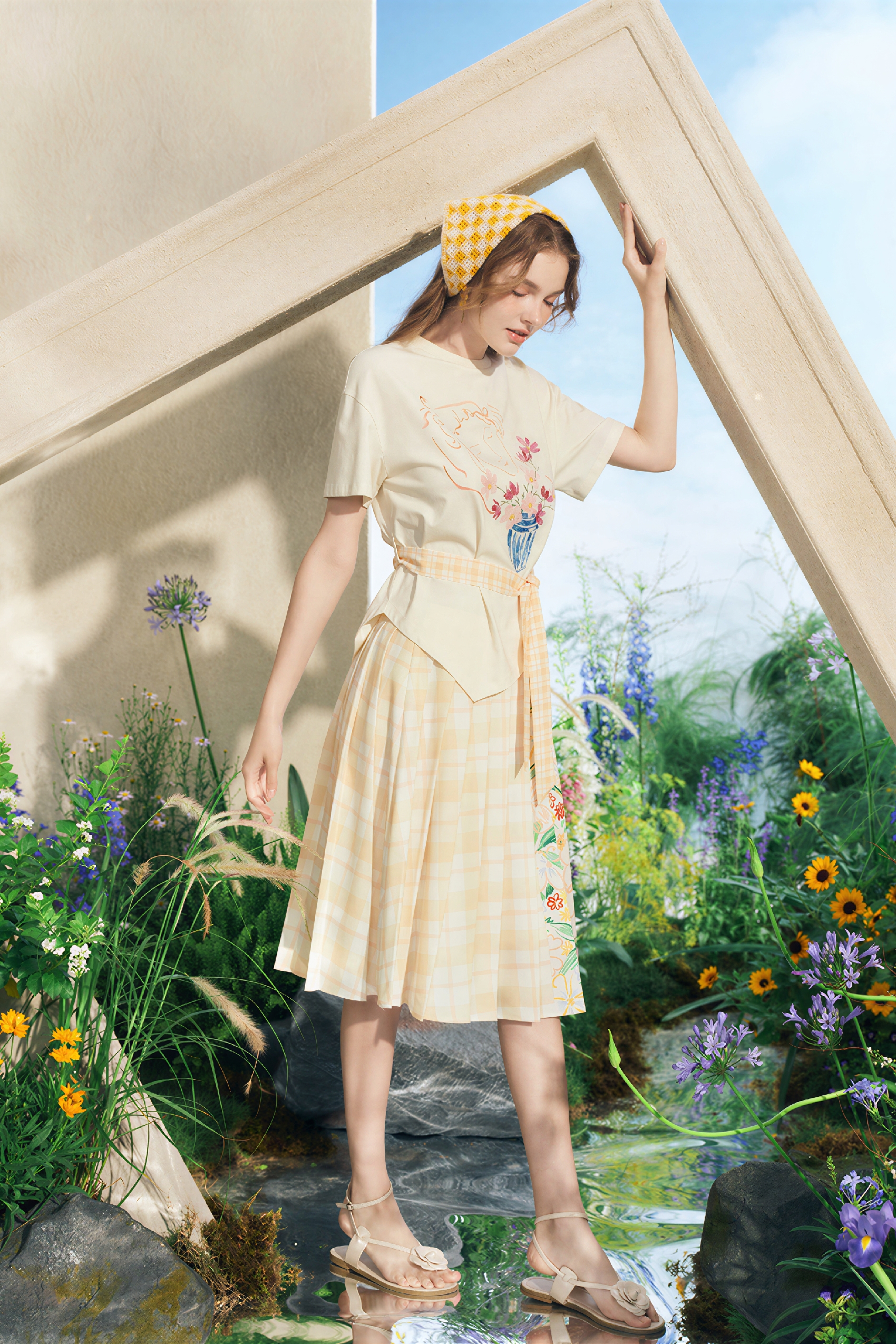 Printed Plaid Designer Pleated Skirt