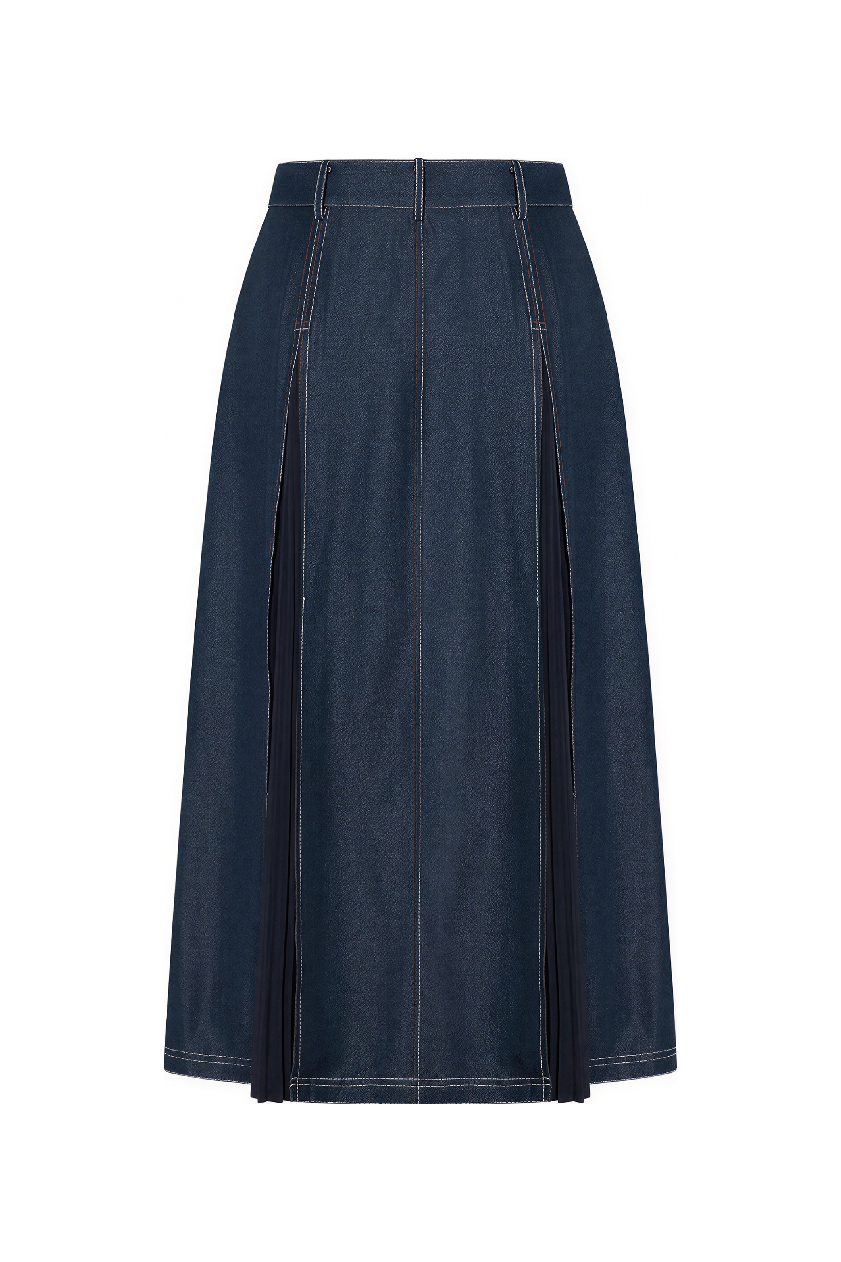High-Waist A-Line Pleated Denim Skirt