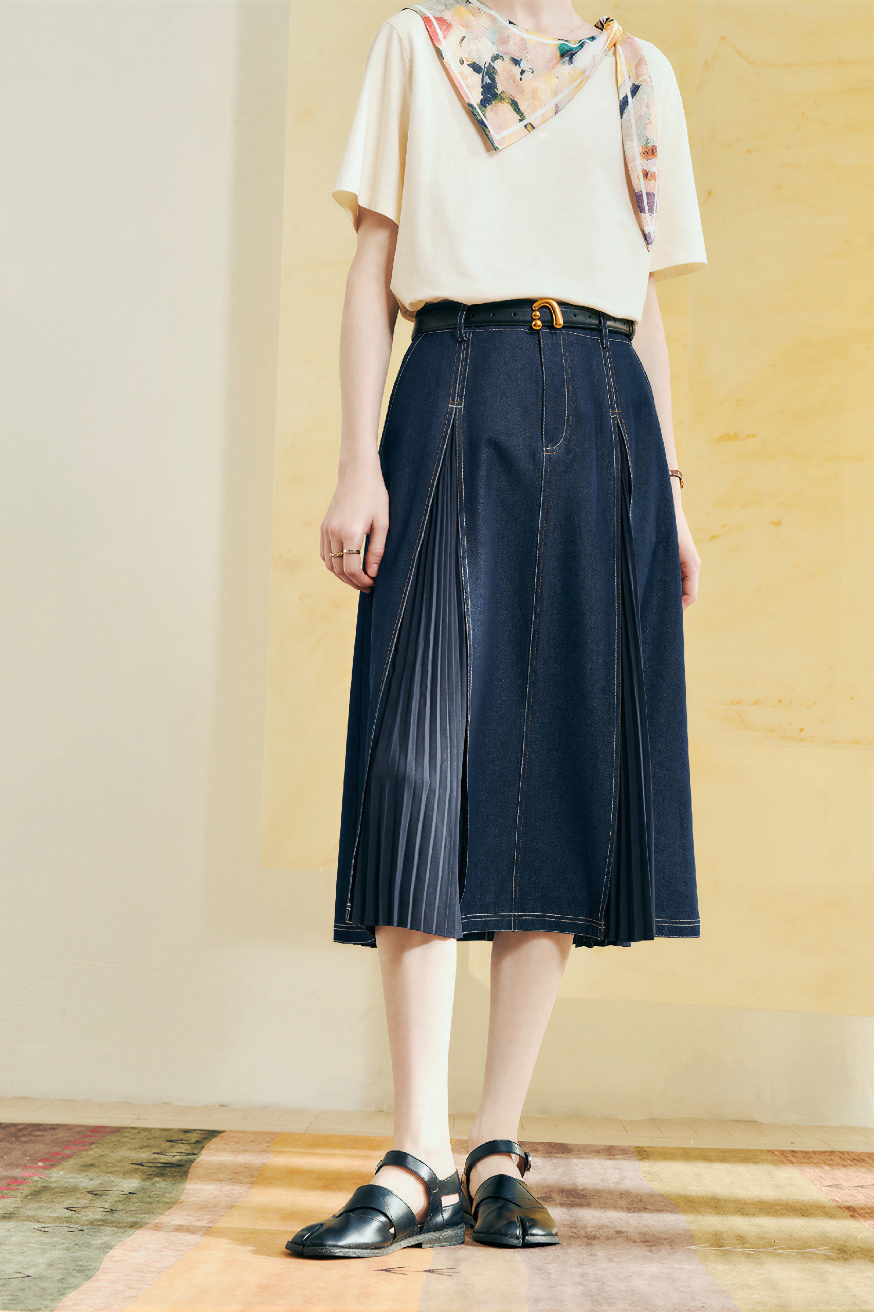 High-Waist A-Line Pleated Denim Skirt