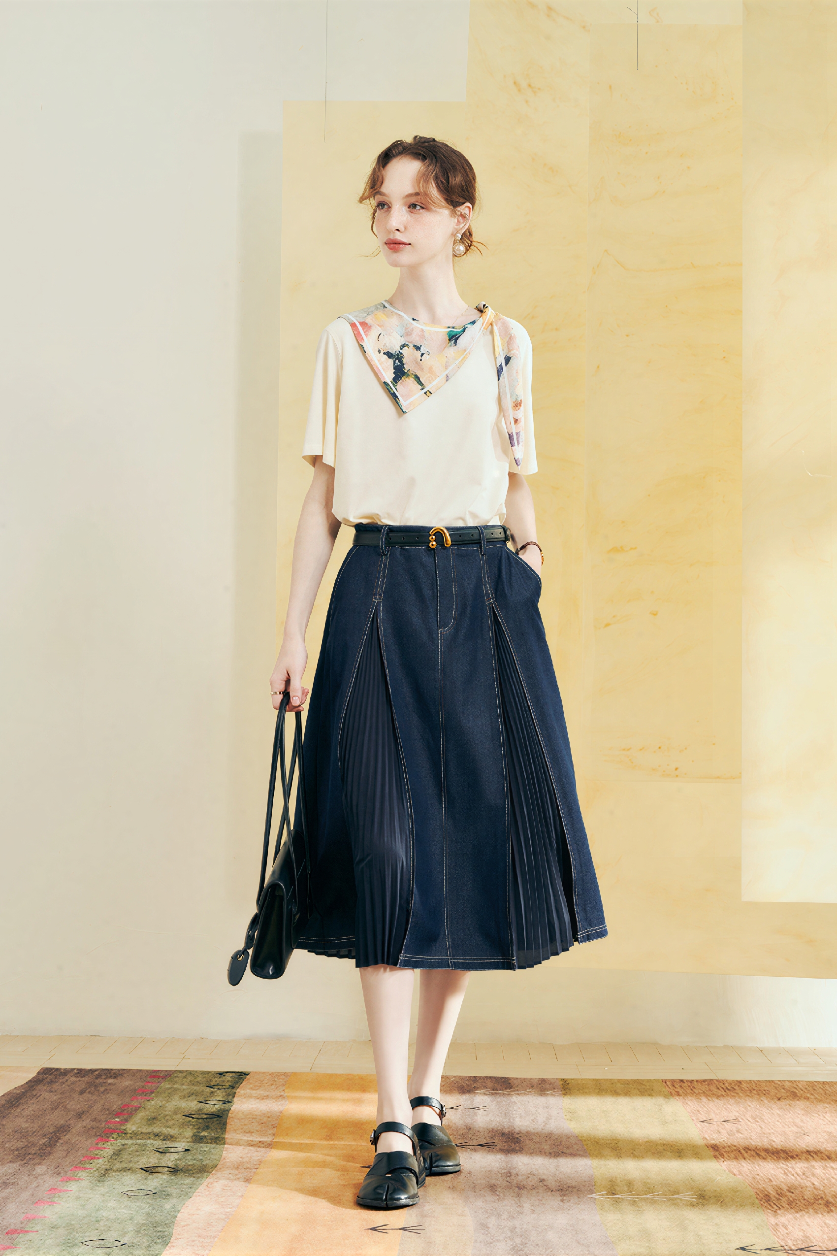High-Waist A-Line Pleated Denim Skirt