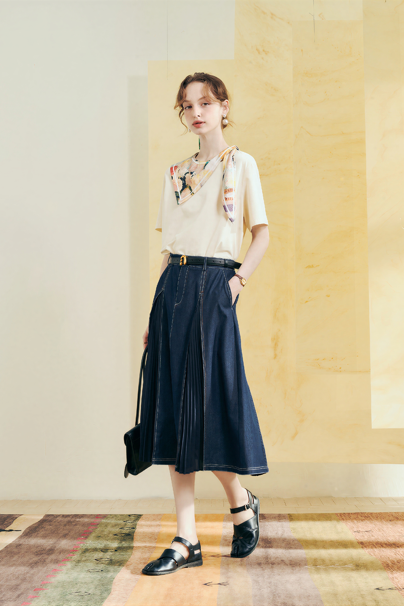 High-Waist A-Line Pleated Denim Skirt