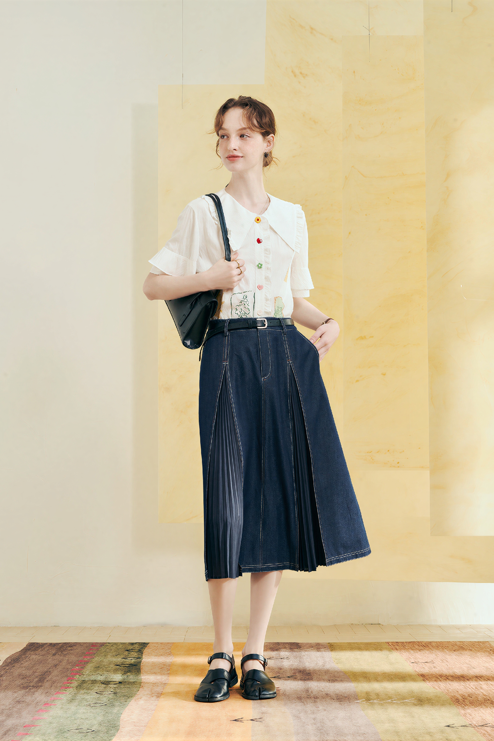 High-Waist A-Line Pleated Denim Skirt