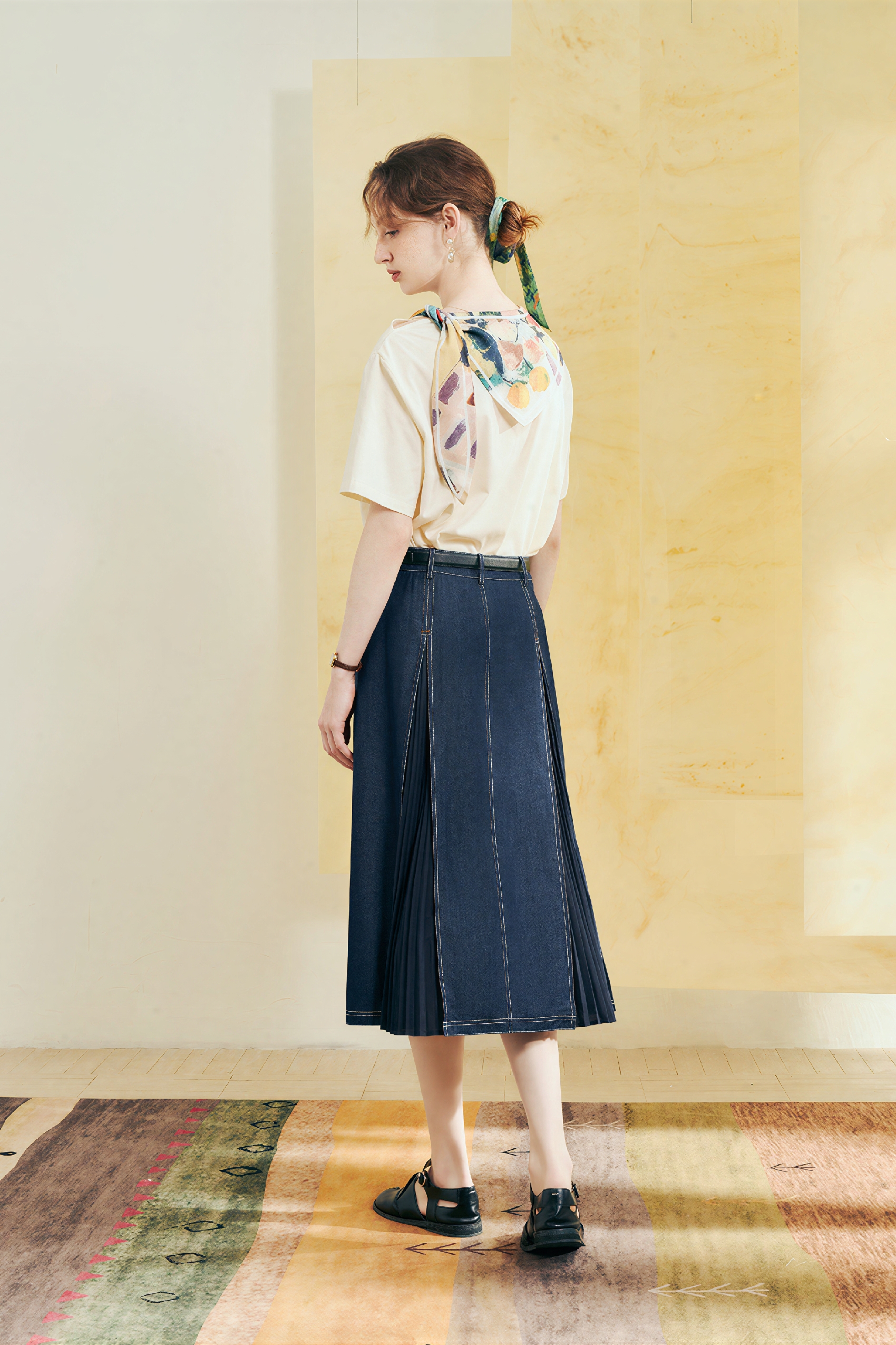 High-Waist A-Line Pleated Denim Skirt