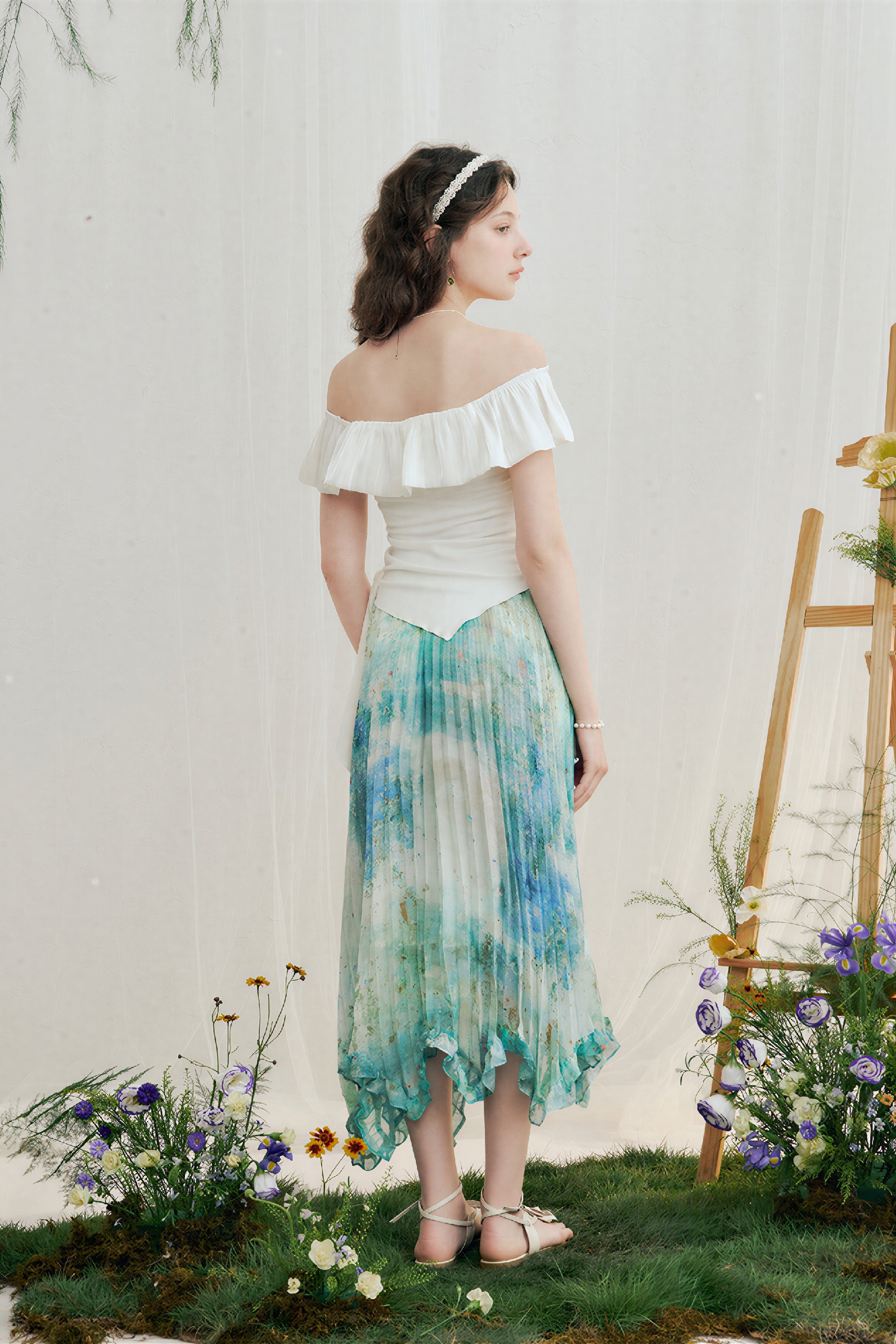 Vintage Printed Ruffle Pleated Skirt