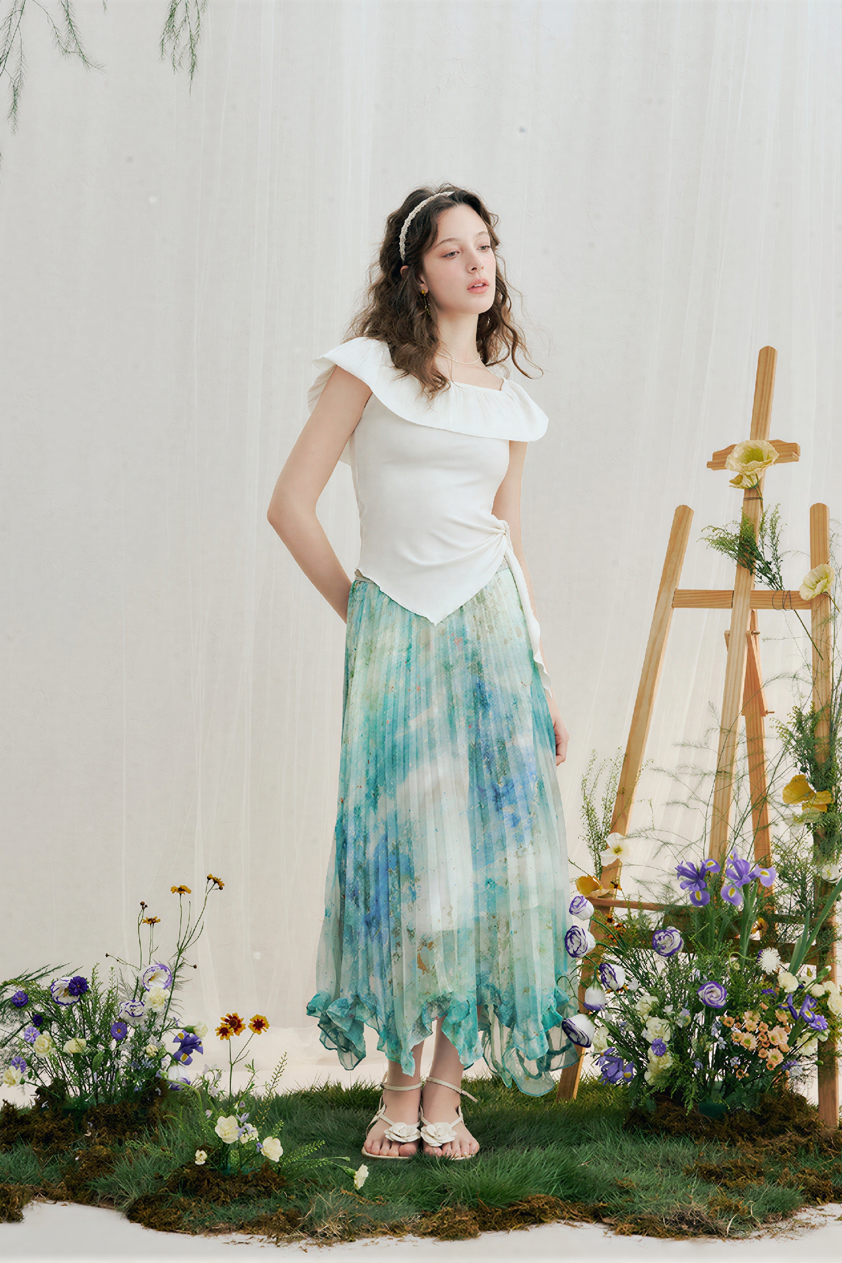 Vintage Printed Ruffle Pleated Skirt