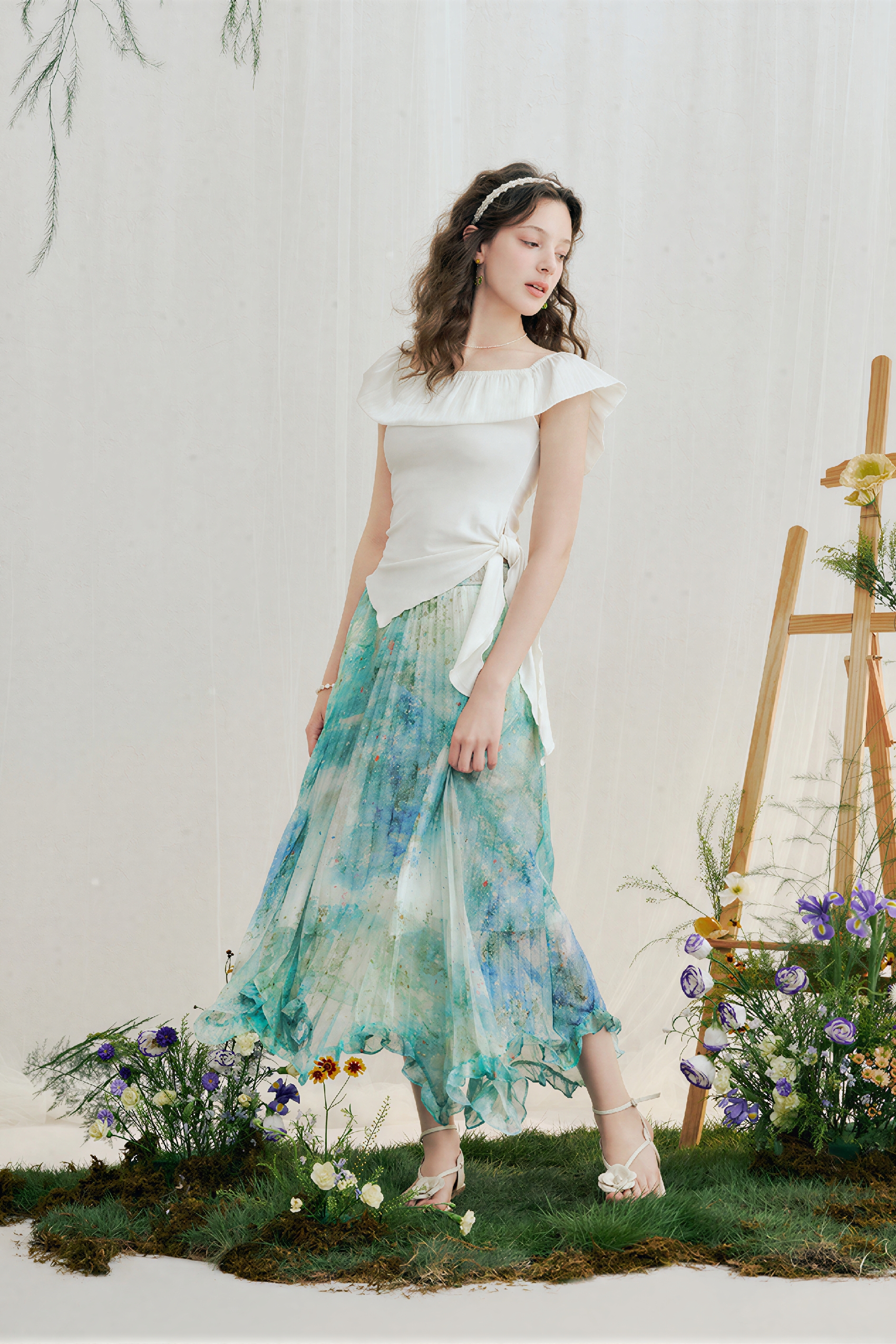 Vintage Printed Ruffle Pleated Skirt