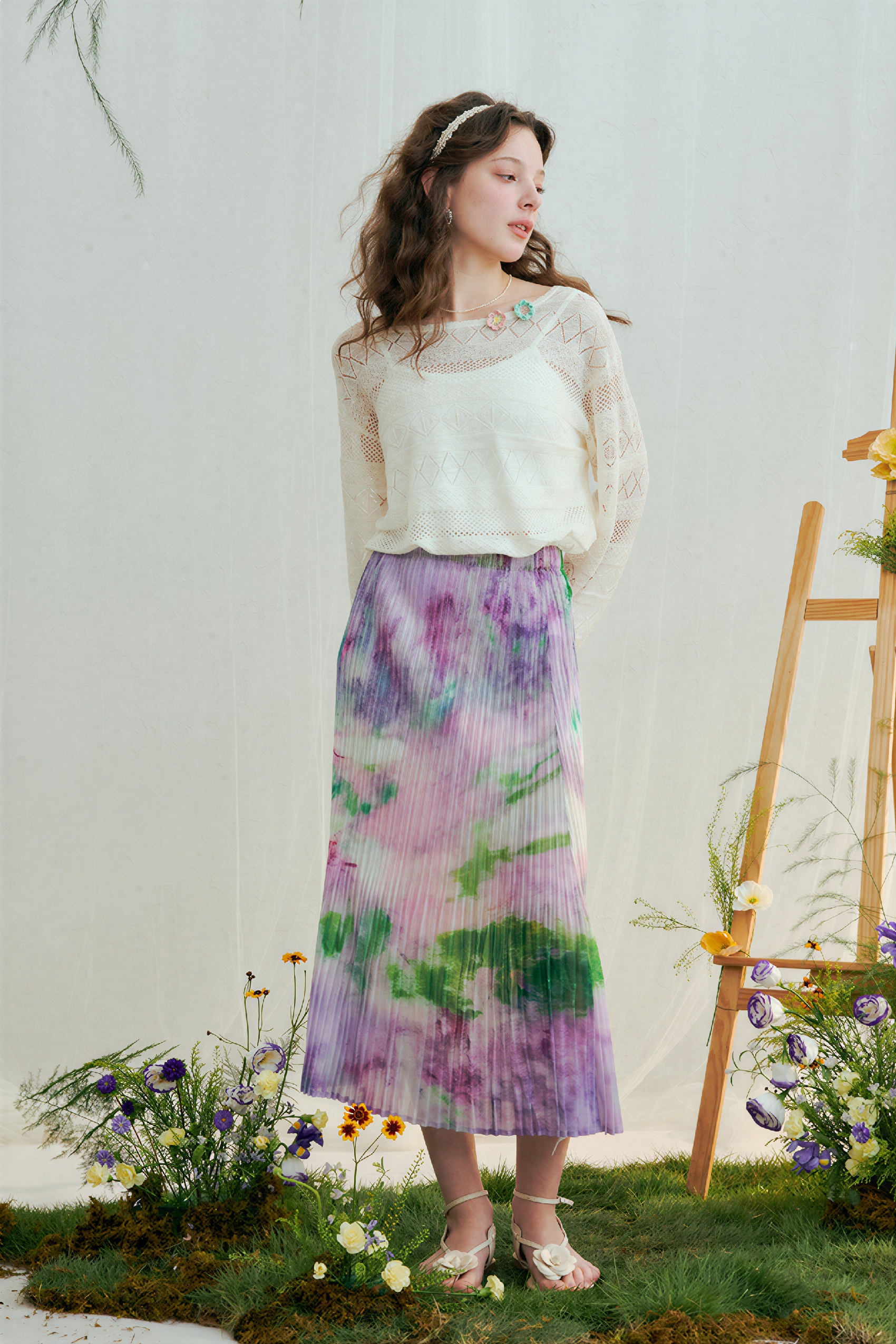 Vintage Printed High-Waist Pleated Skirt