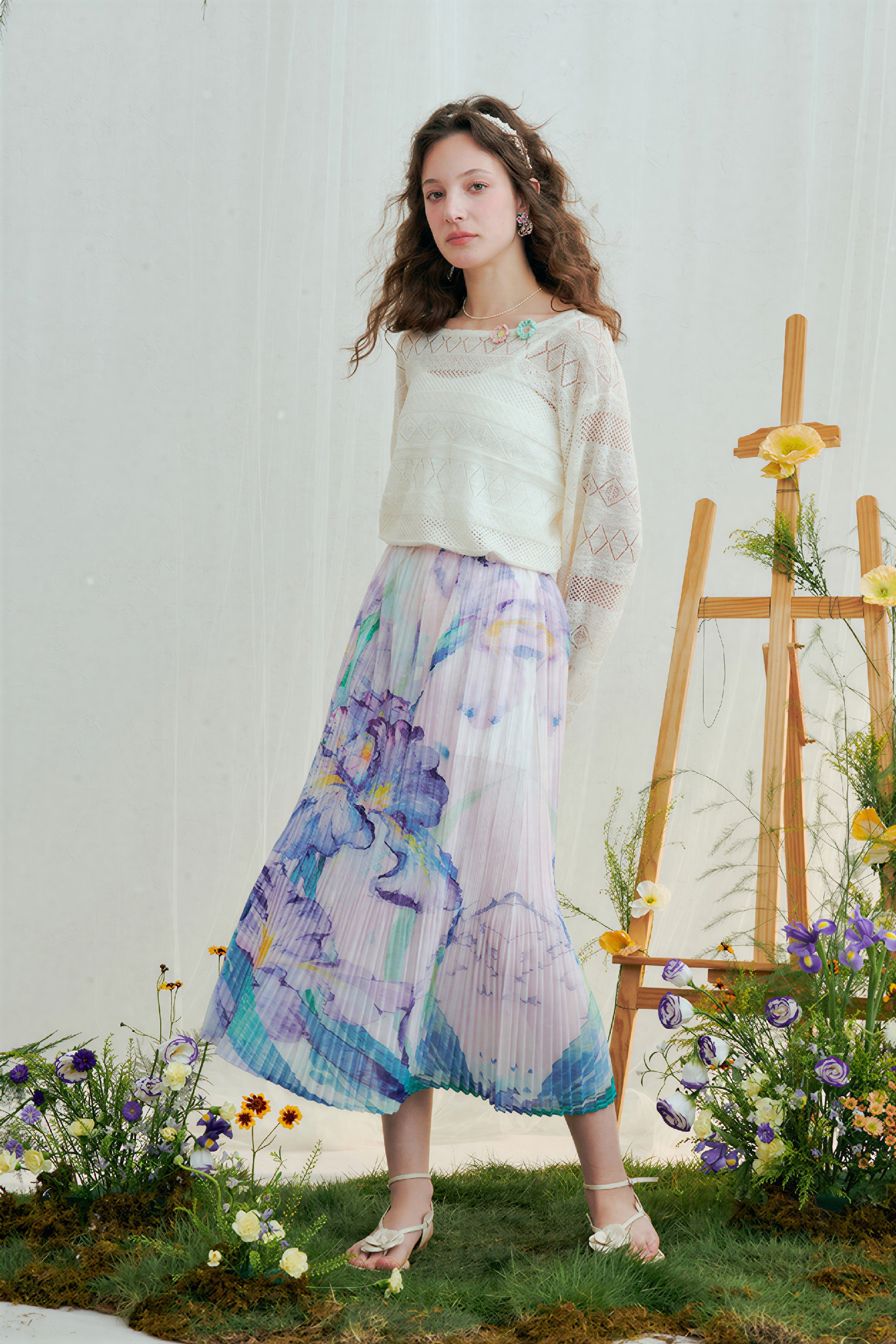 Vintage Printed High-Waist Pleated Skirt