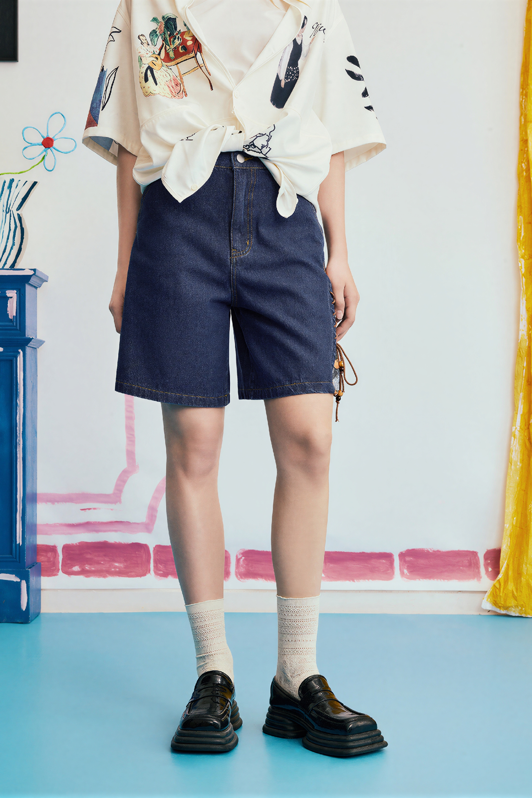 Casual Printed Patchwork Denim Shorts