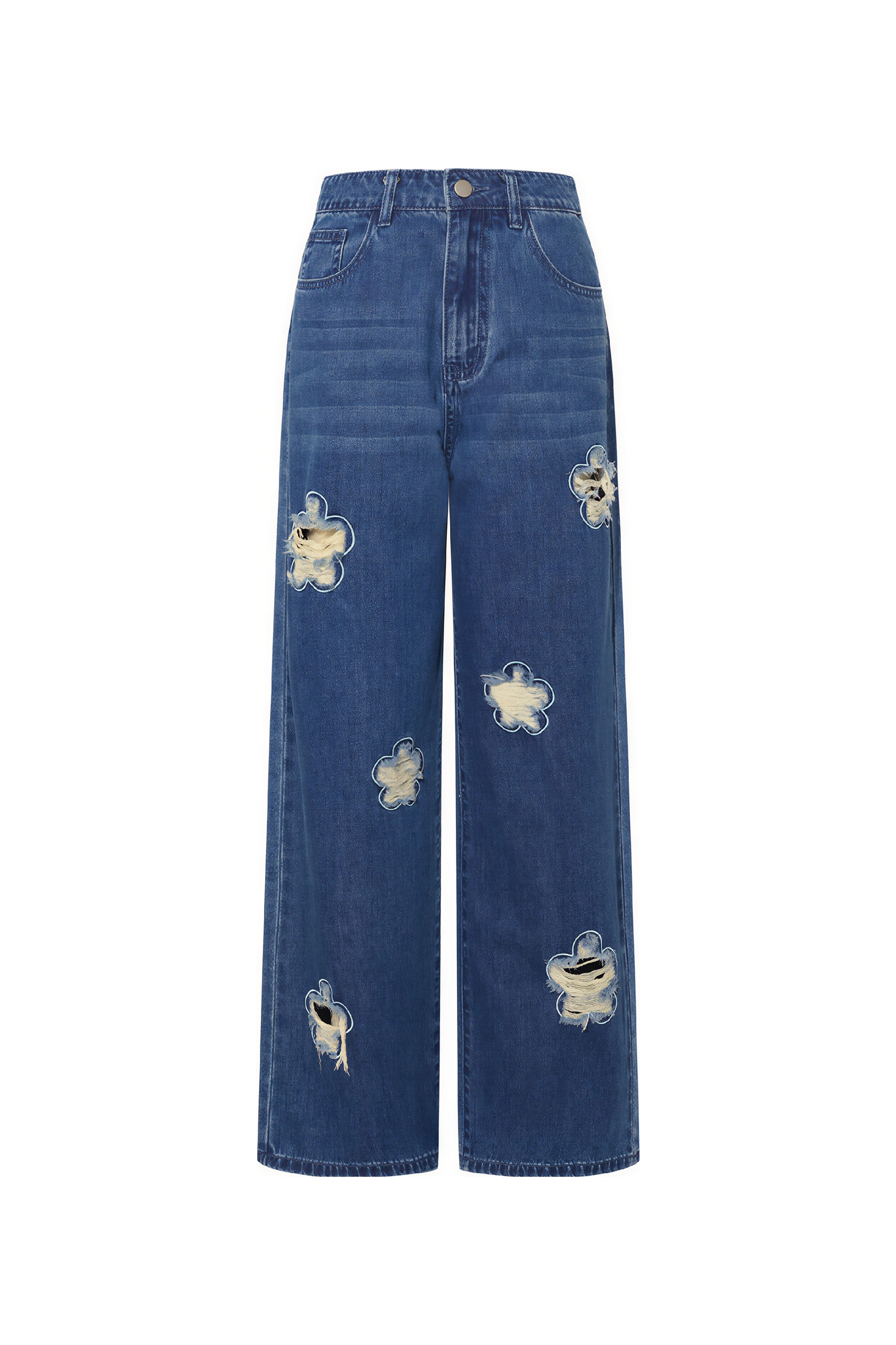 High-Waist Distressed Straight Jeans