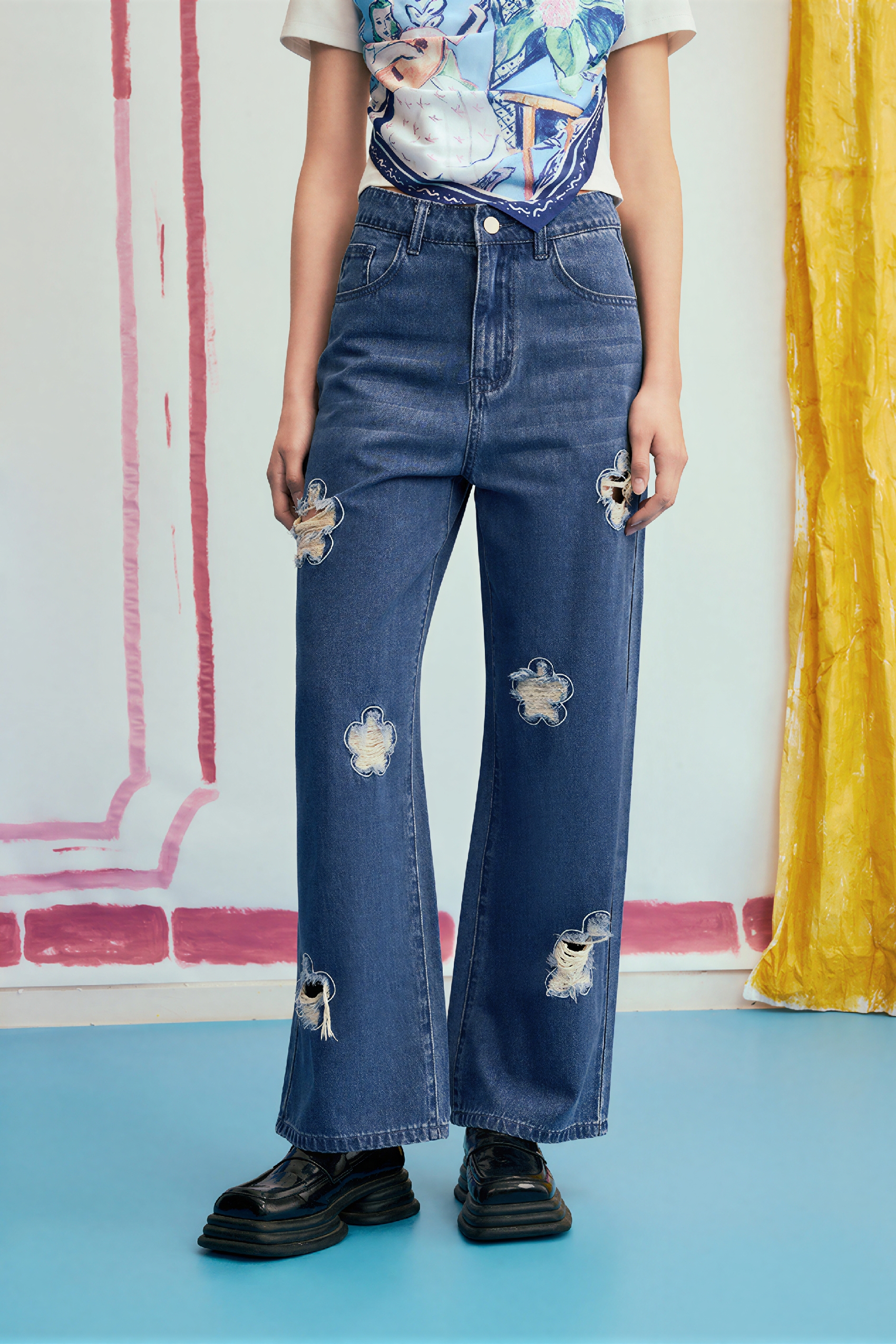 High-Waist Distressed Straight Jeans