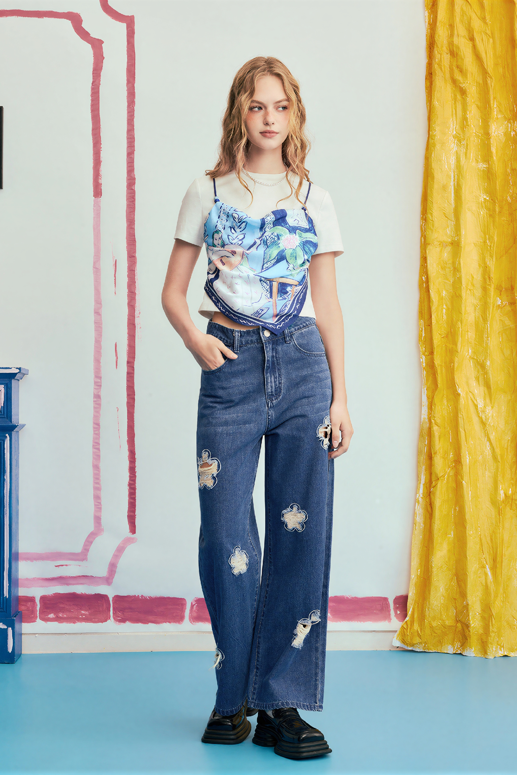 High-Waist Distressed Straight Jeans