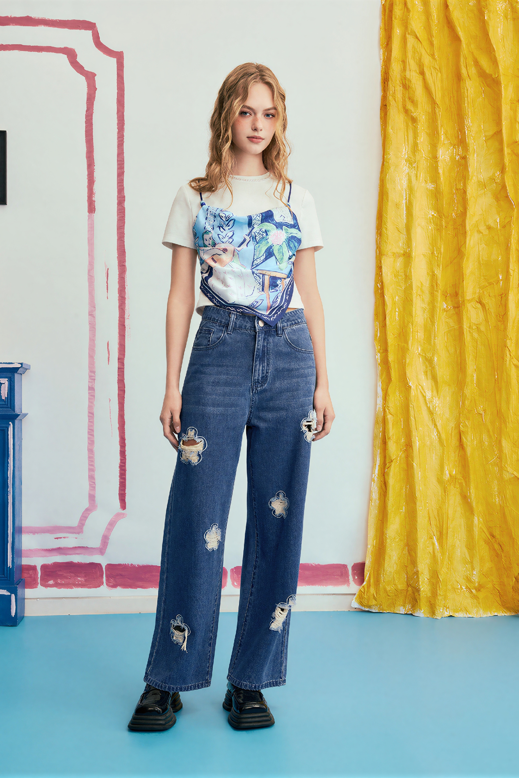 High-Waist Distressed Straight Jeans