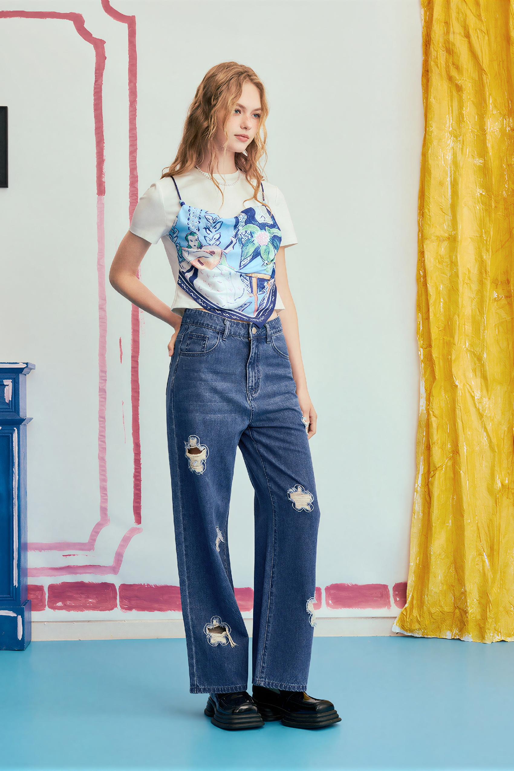 High-Waist Distressed Straight Jeans