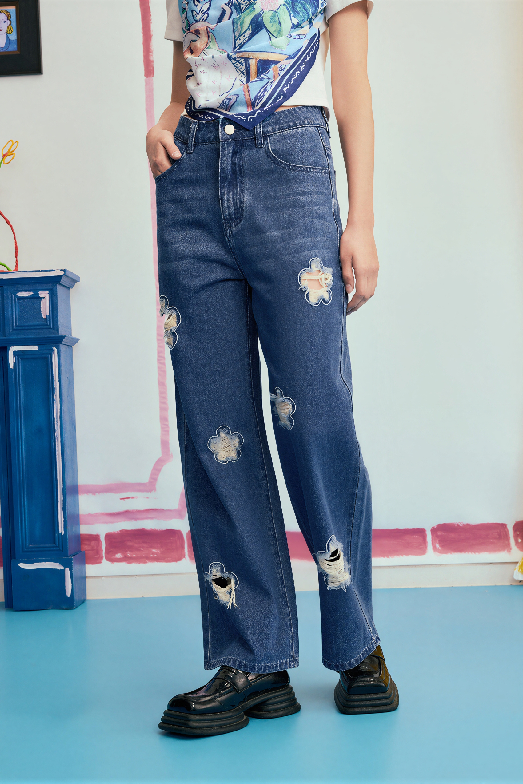 High-Waist Distressed Straight Jeans