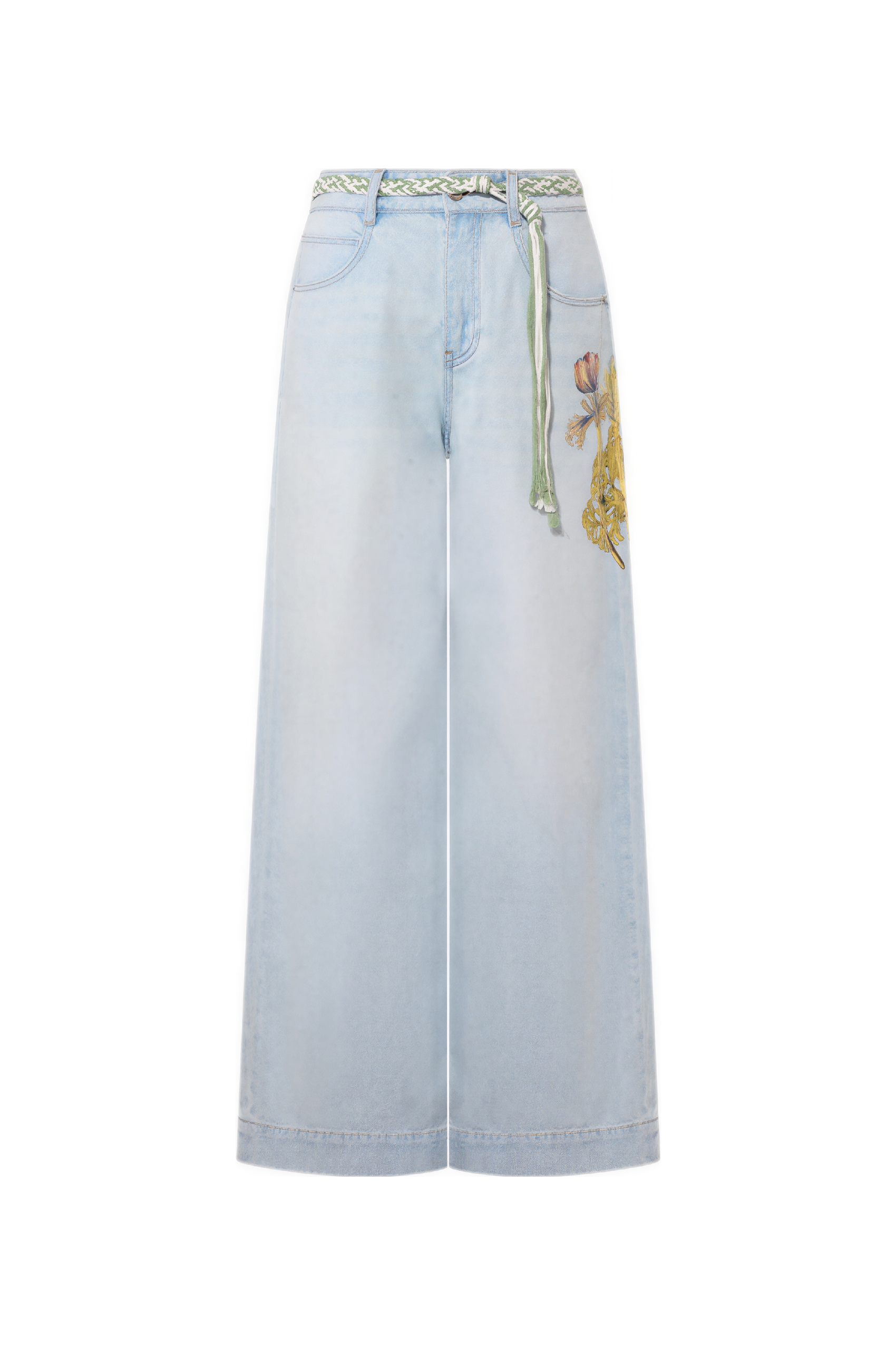 Light Wash Printed Wide-Leg Jeans