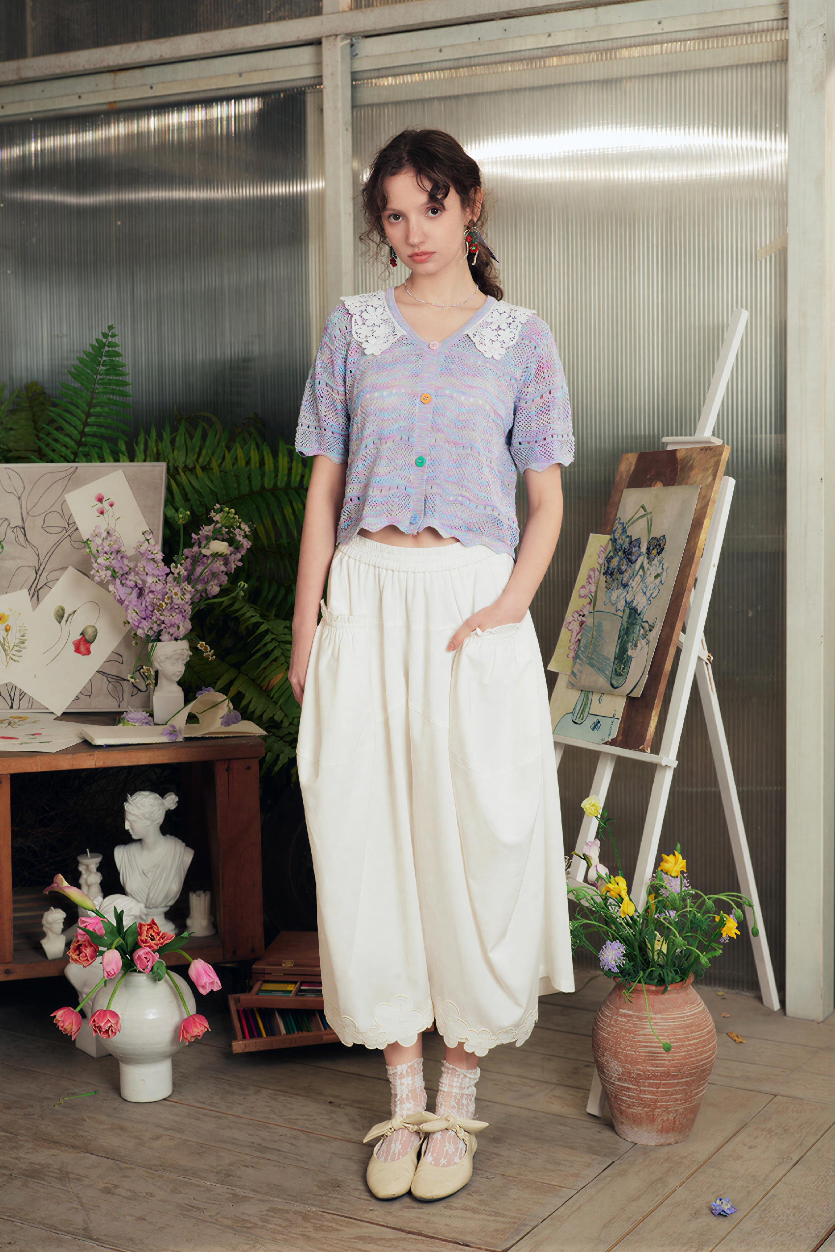 White Relaxed-Fit Casual Wide-Leg Pants