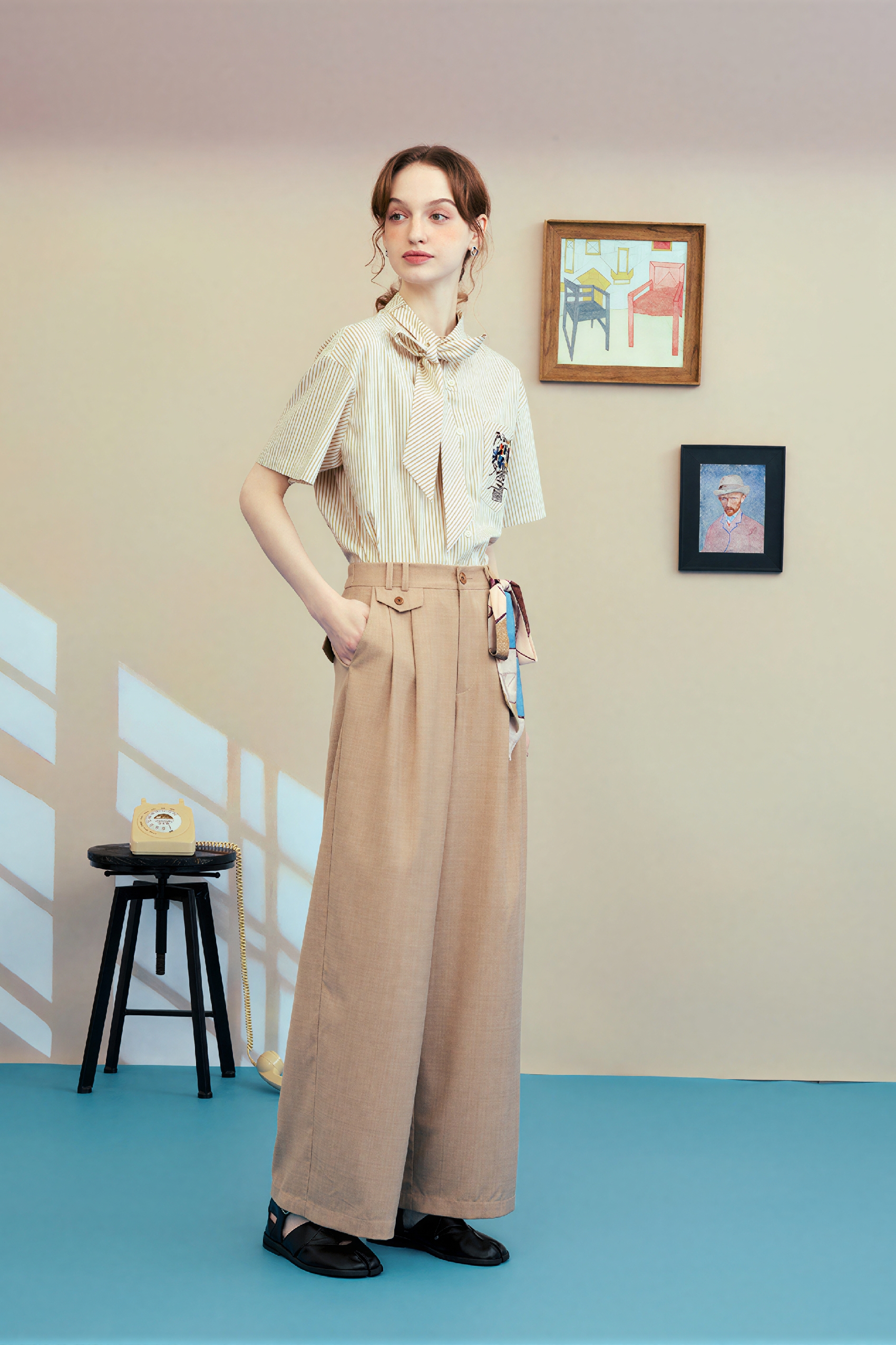 Khaki Draped Relaxed Straight Pants