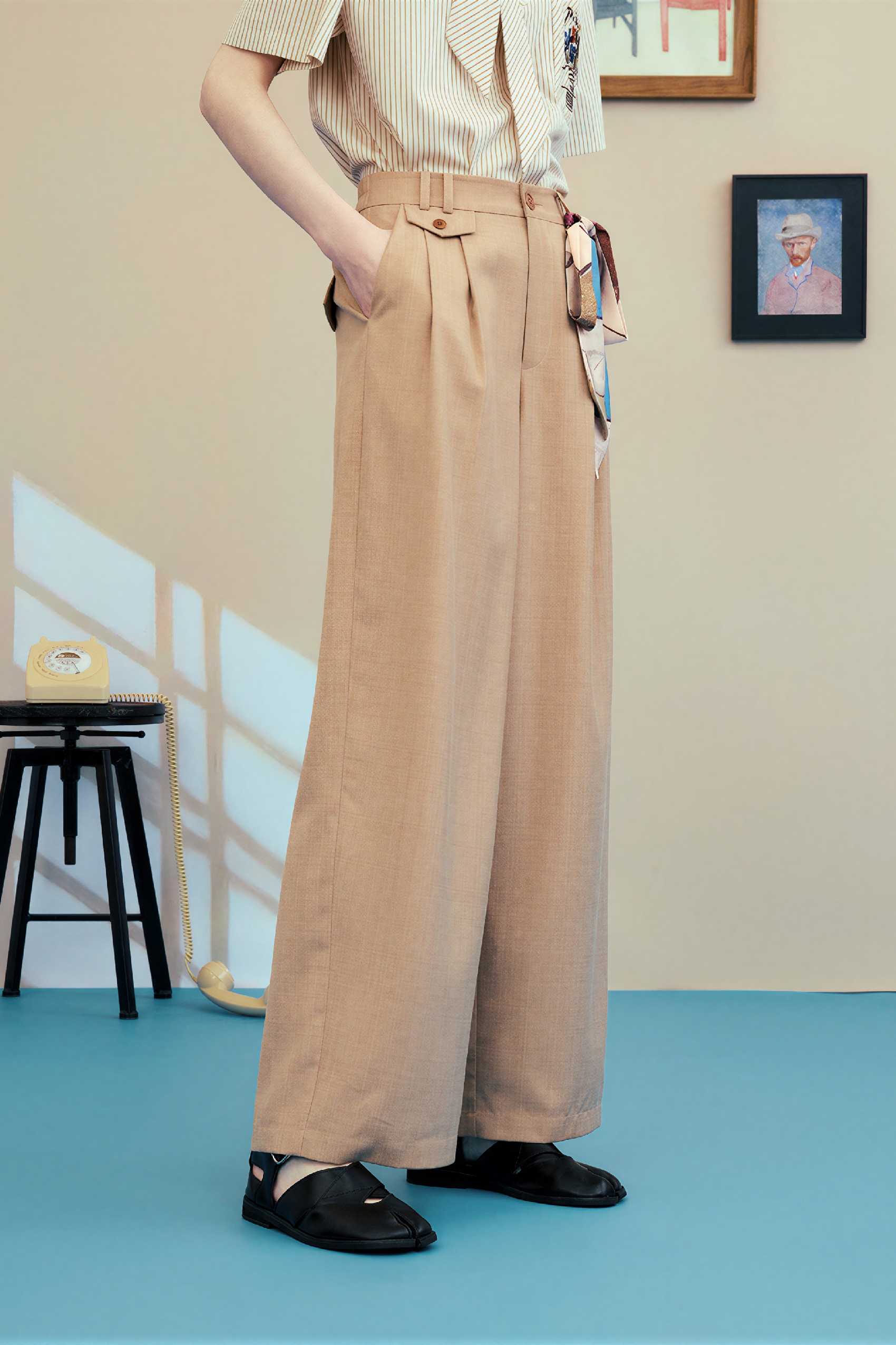 Khaki Draped Relaxed Straight Pants