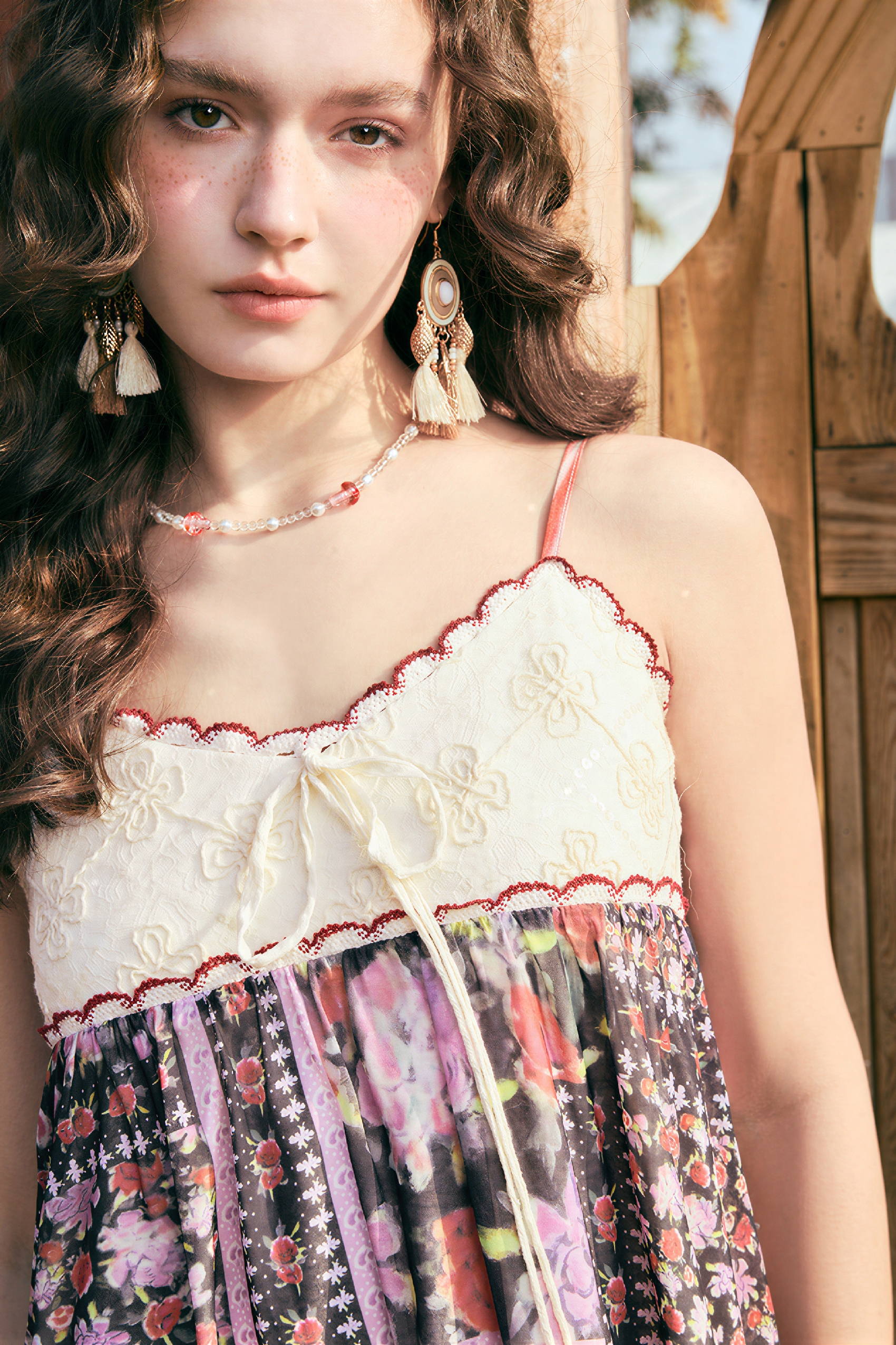 Ethnic-Inspired Lace Patchwork Slip Dress