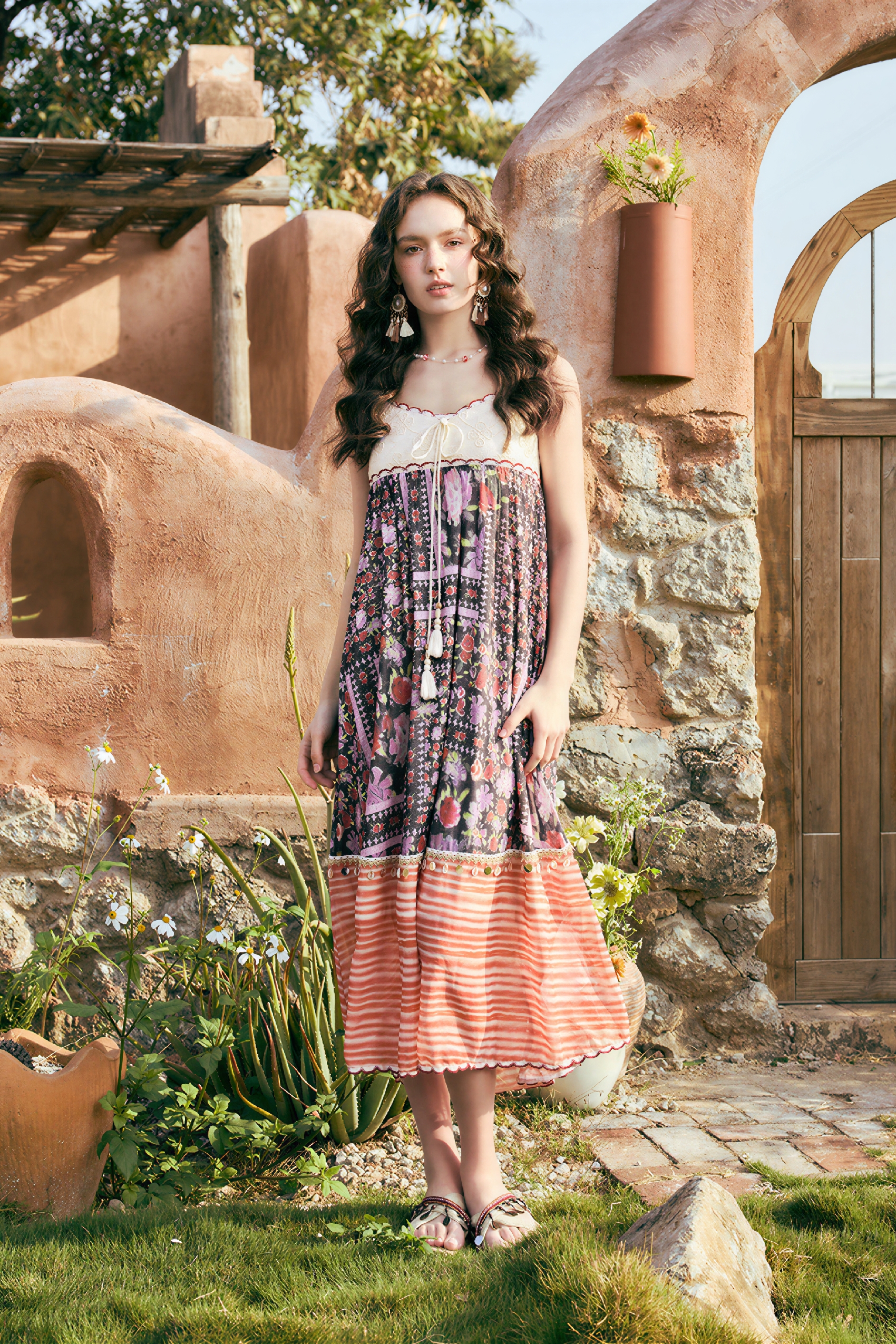 Ethnic-Inspired Lace Patchwork Slip Dress