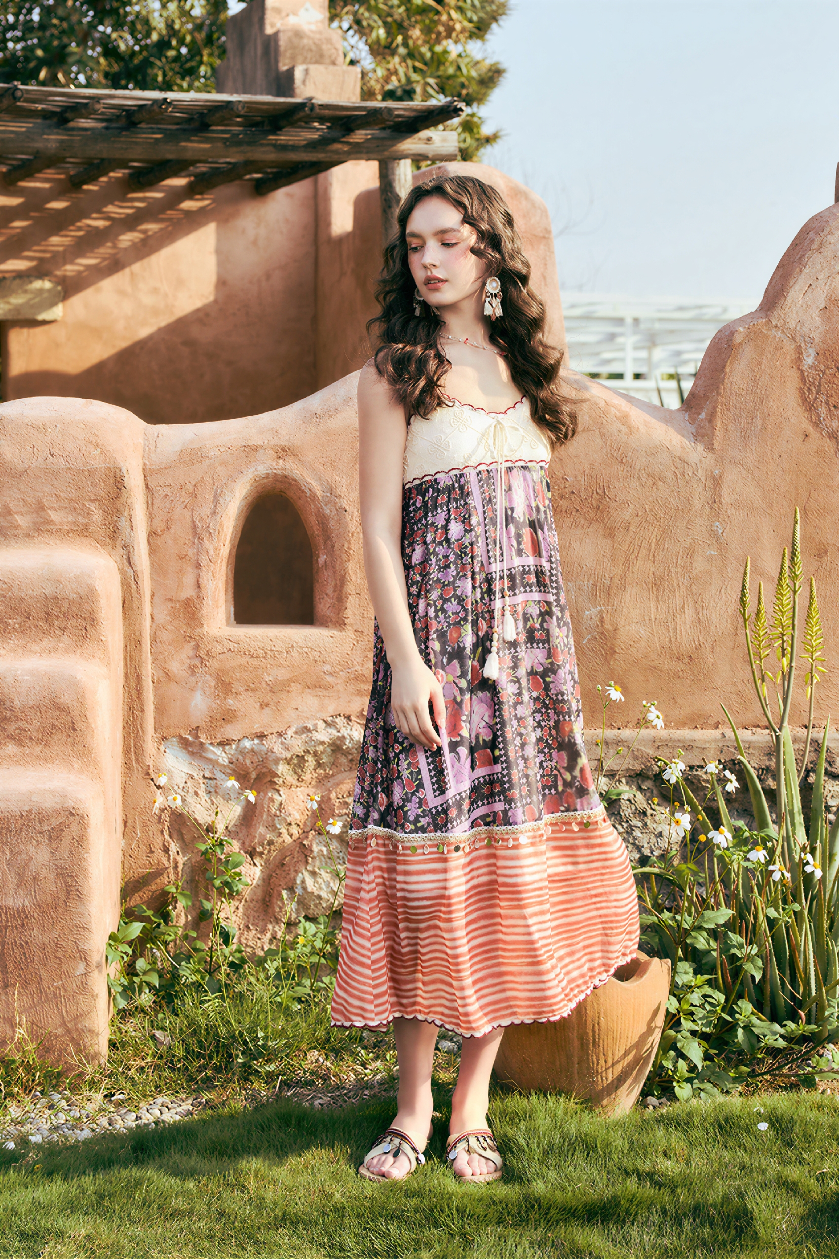 Ethnic-Inspired Lace Patchwork Slip Dress