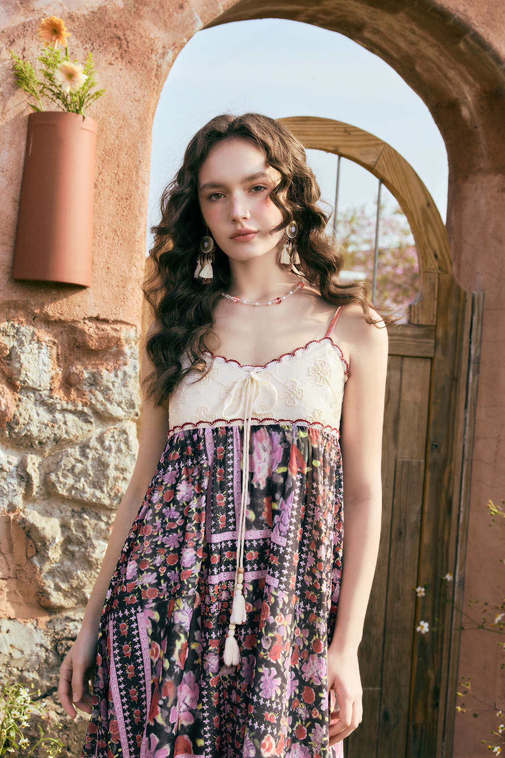 Ethnic-Inspired Lace Patchwork Slip Dress
