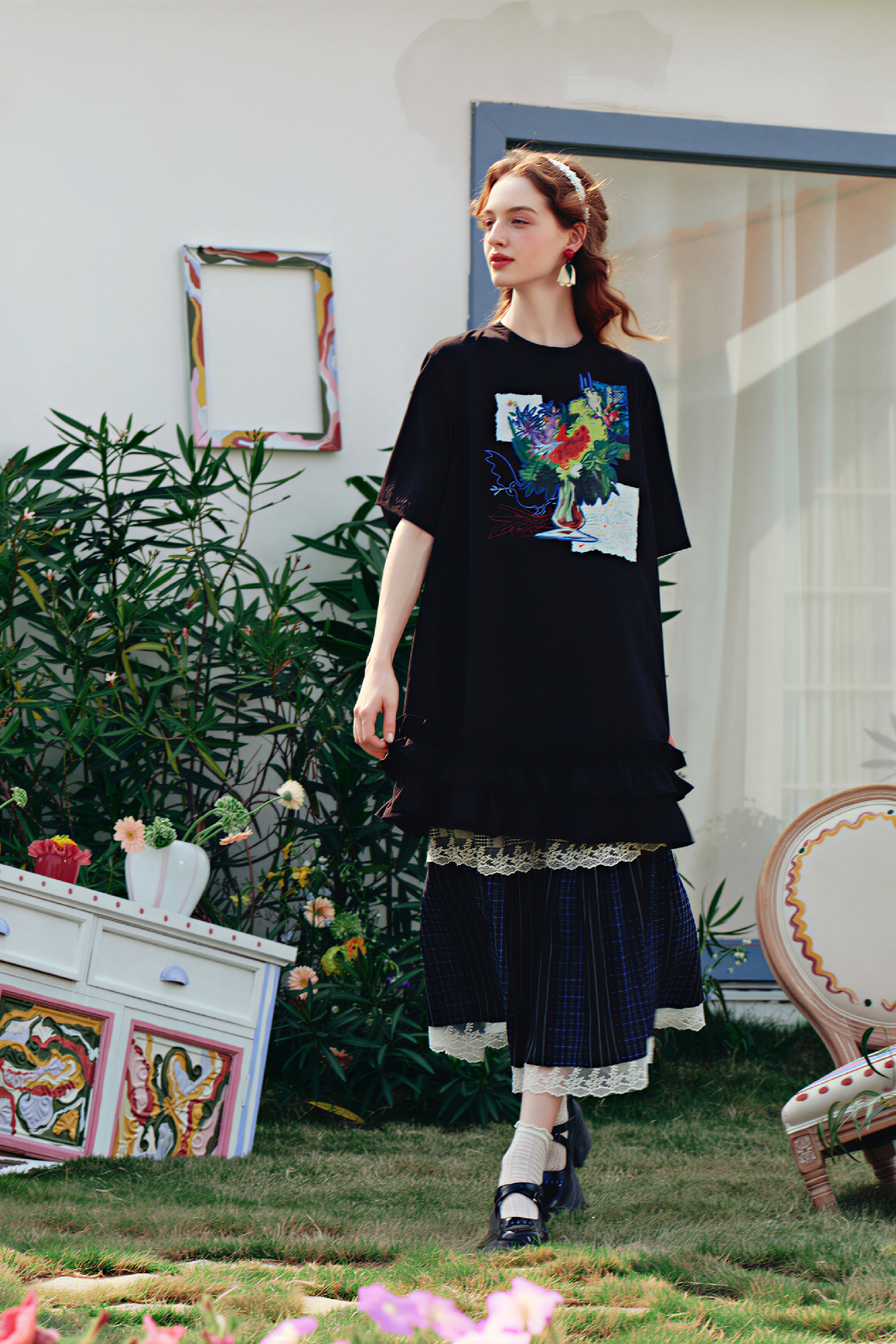 Pink Ruffle Printed T-Shirt Dress