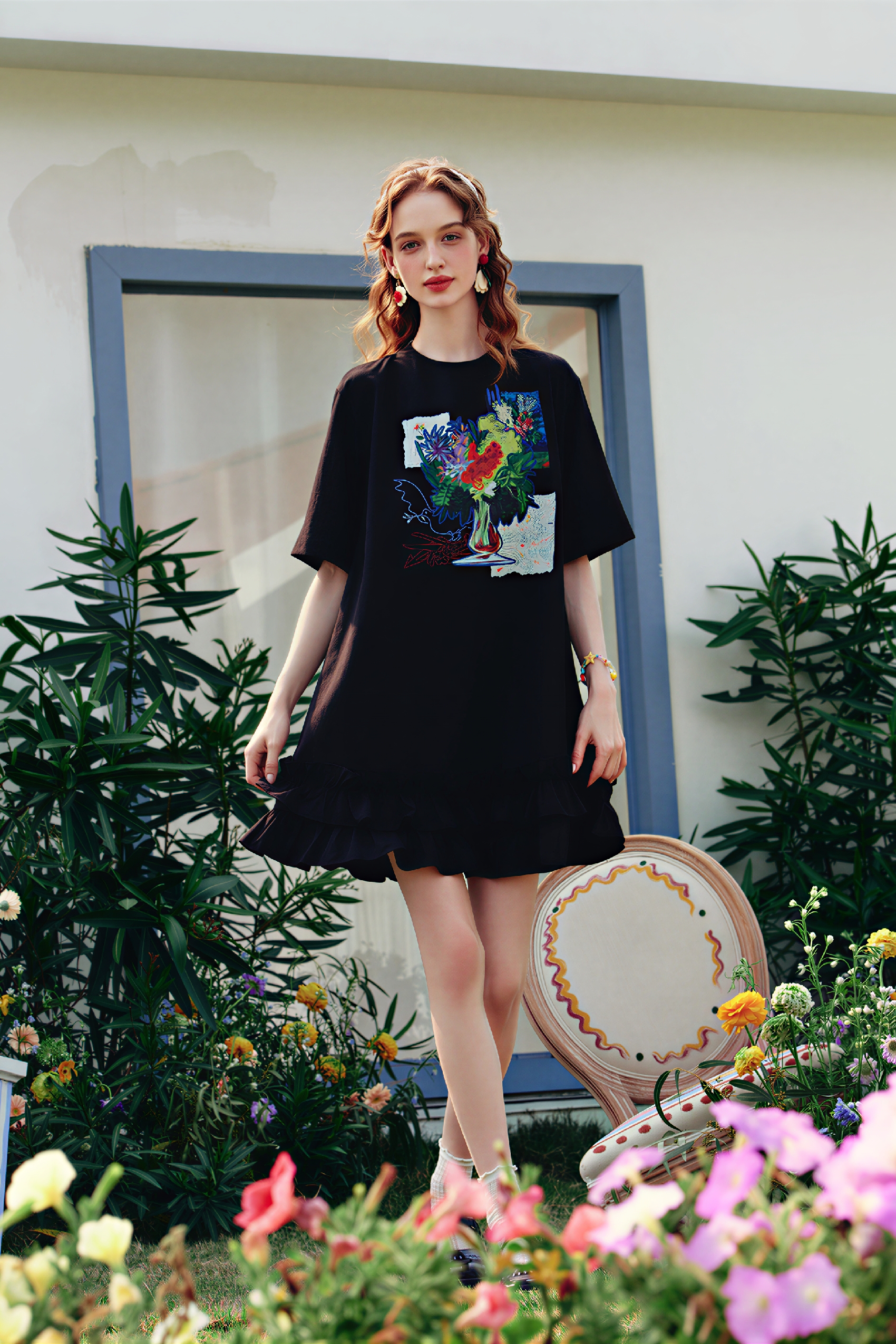 Pink Ruffle Printed T-Shirt Dress