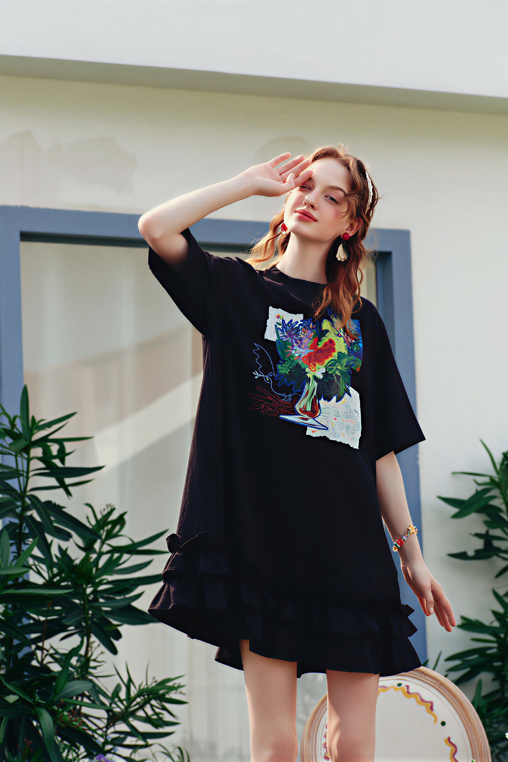 Pink Ruffle Printed T-Shirt Dress