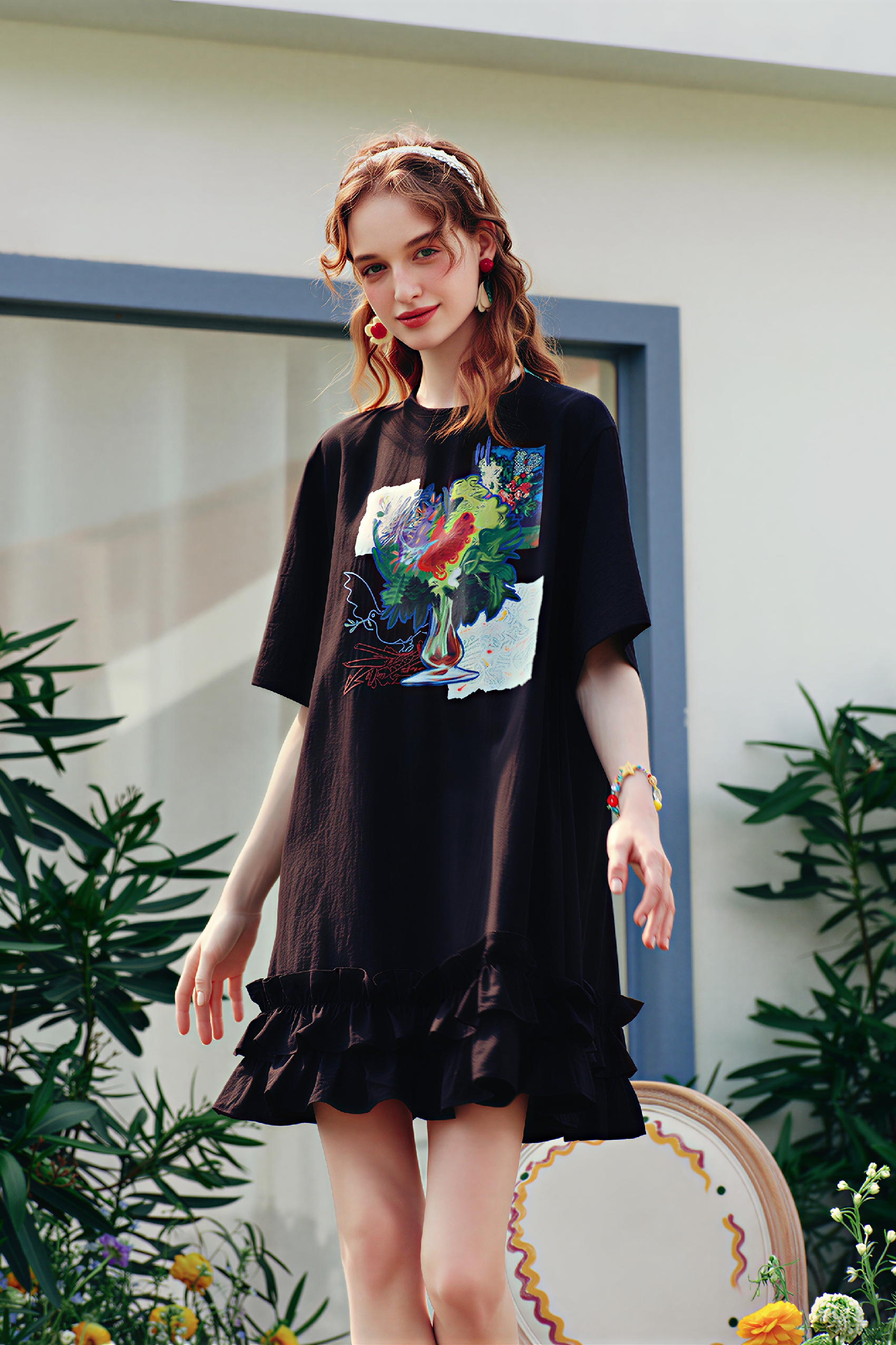 Pink Ruffle Printed T-Shirt Dress