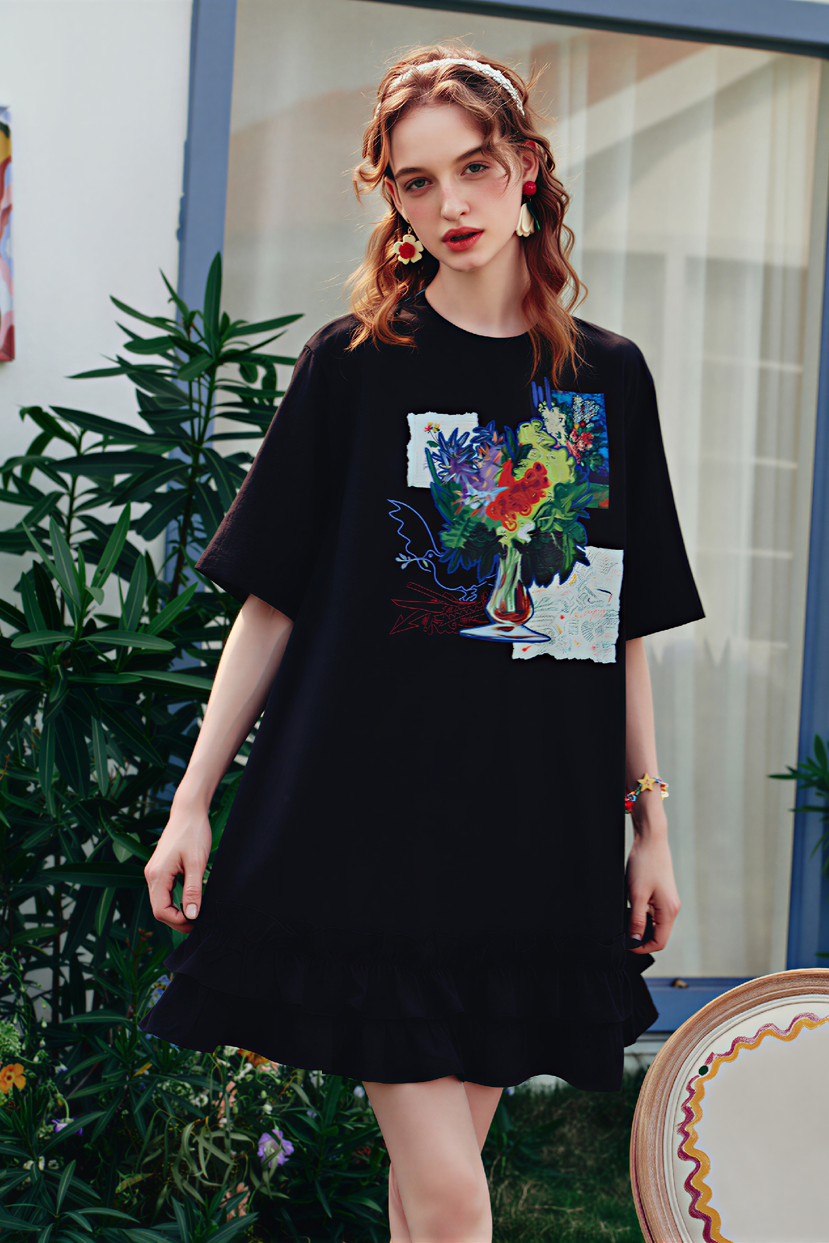 Pink Ruffle Printed T-Shirt Dress