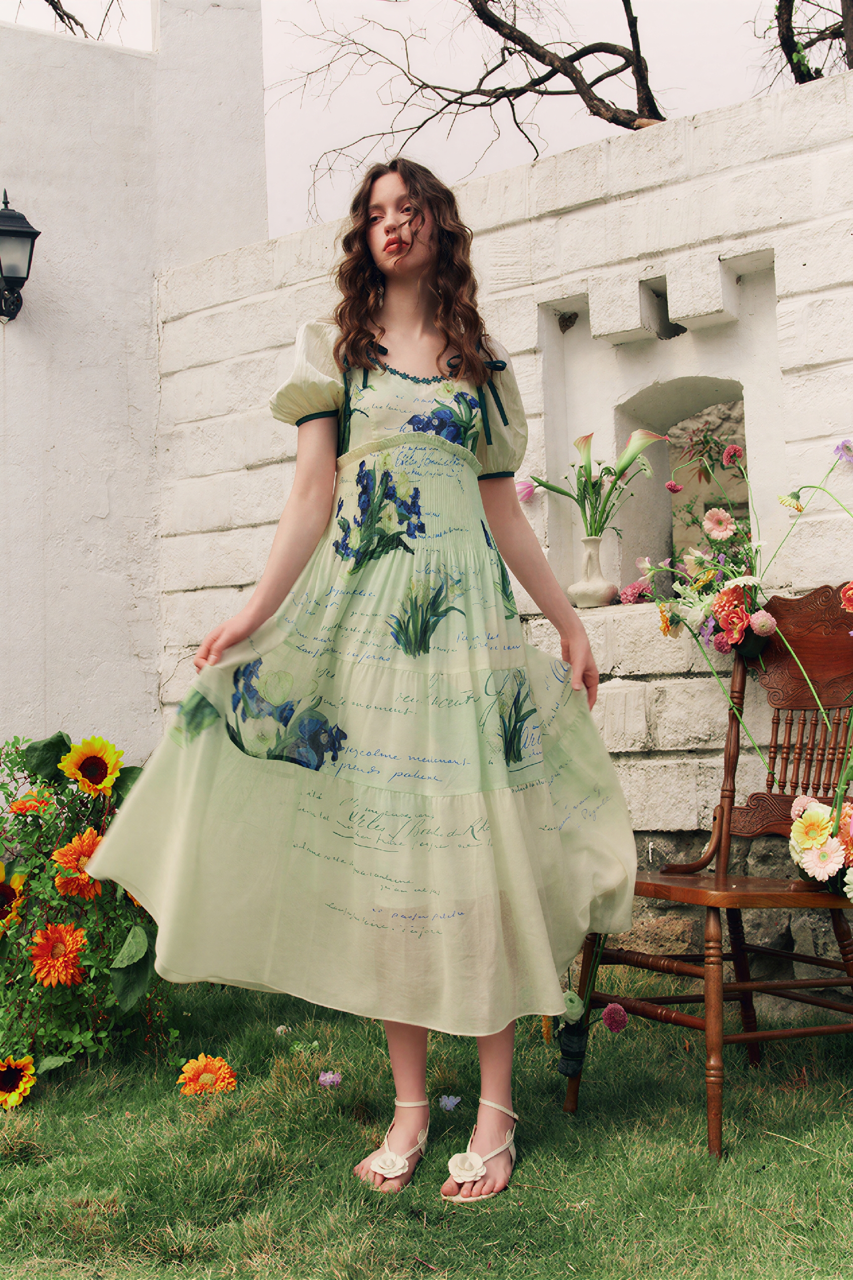 French High-Waist Puff-Sleeve Dress