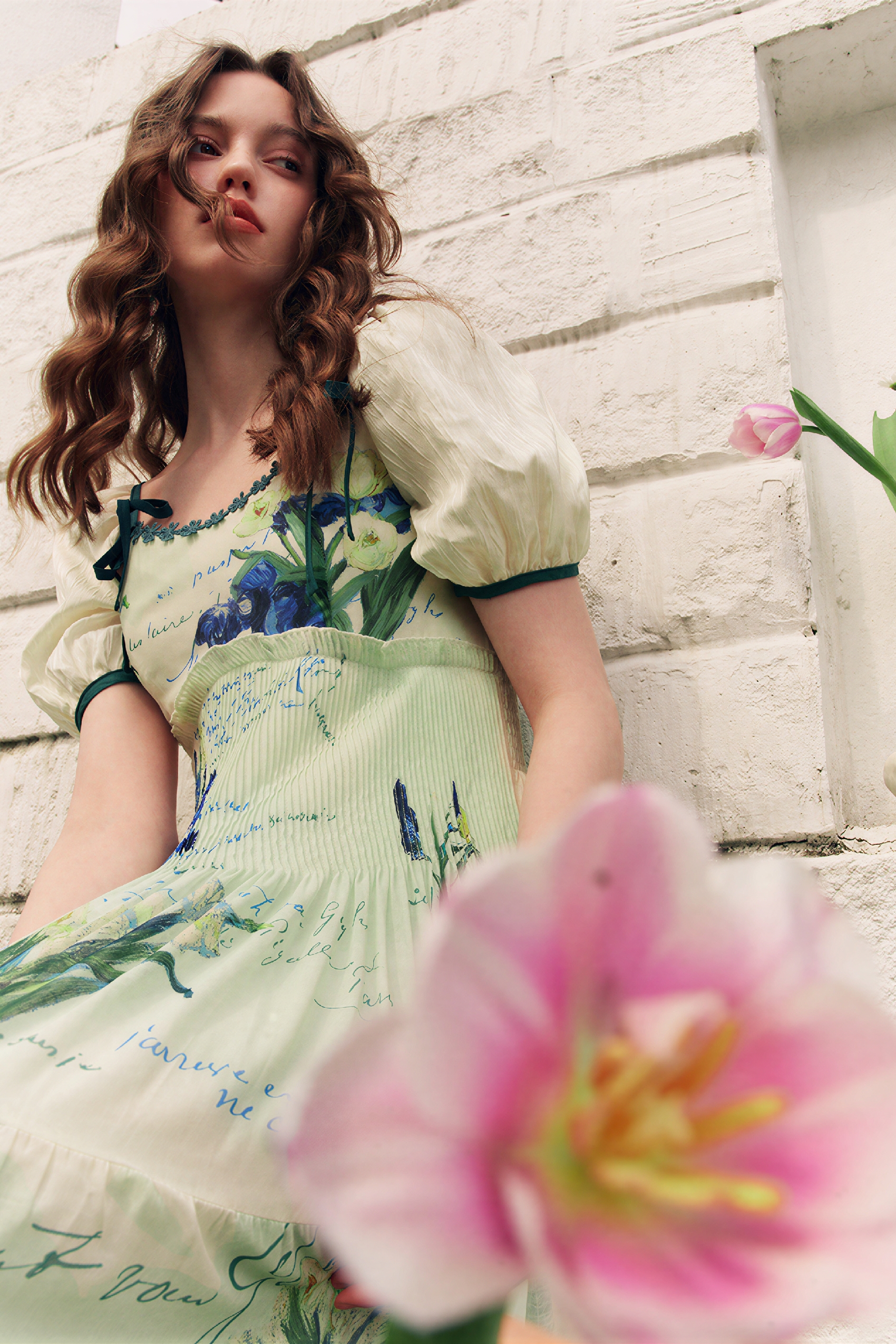 French High-Waist Puff-Sleeve Dress