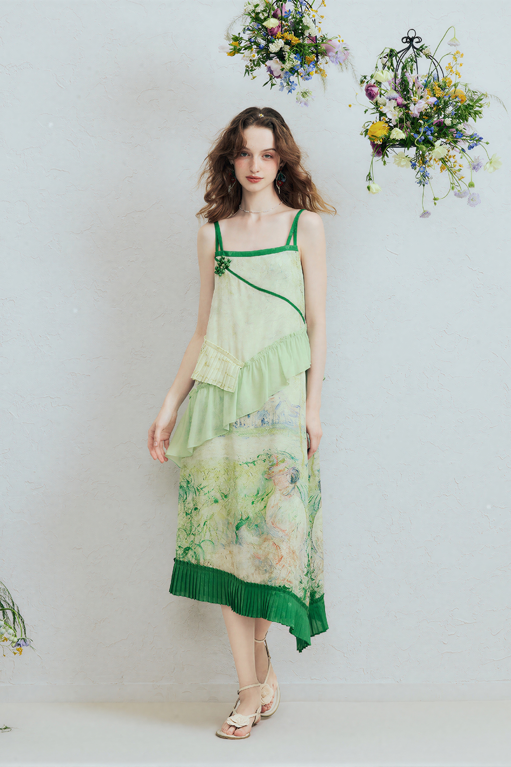 Green Ruffle Printed Strappy Dress | LYONSENS Women's Fashion