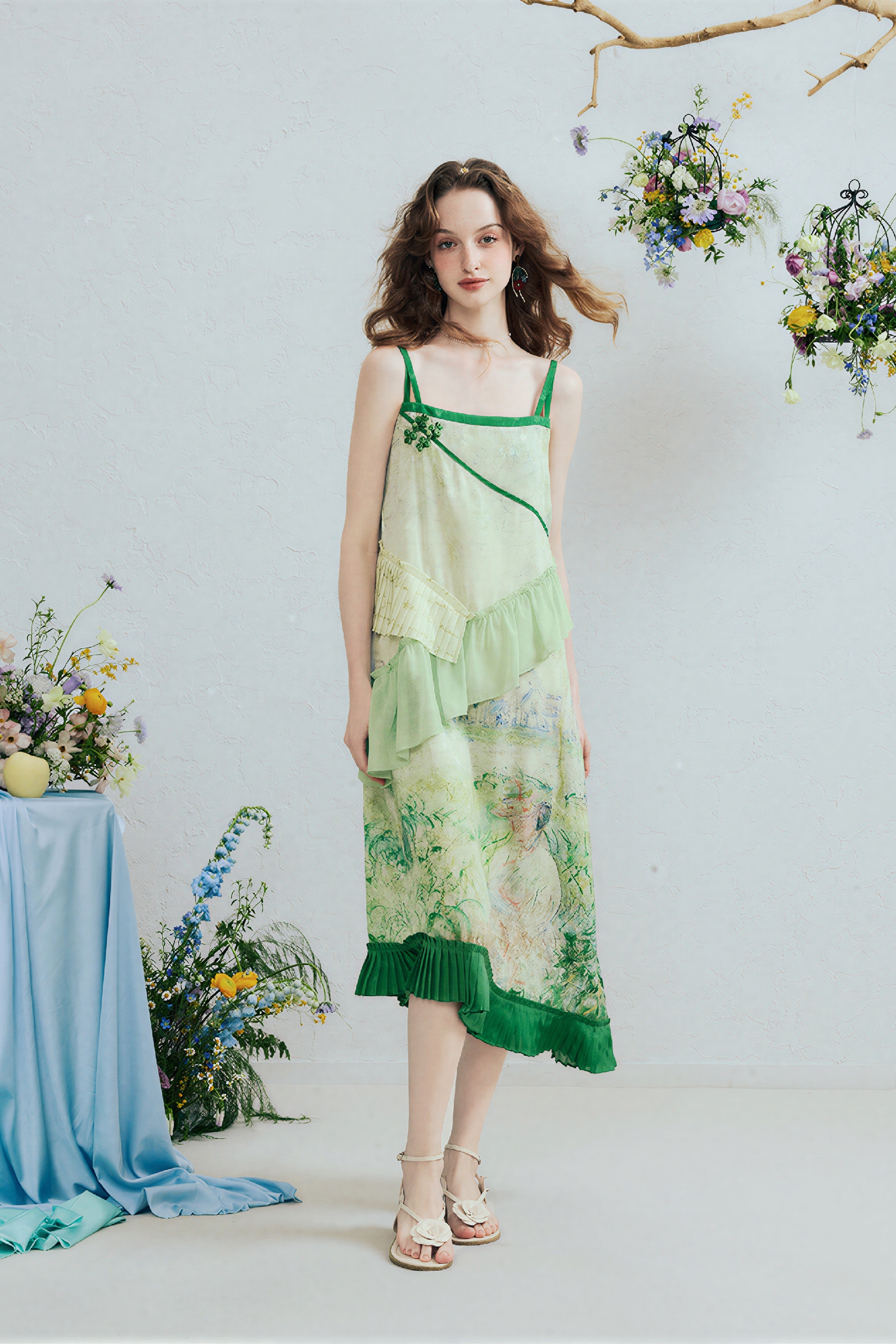 Green Ruffle Printed Strappy Dress | LYONSENS Women's Fashion