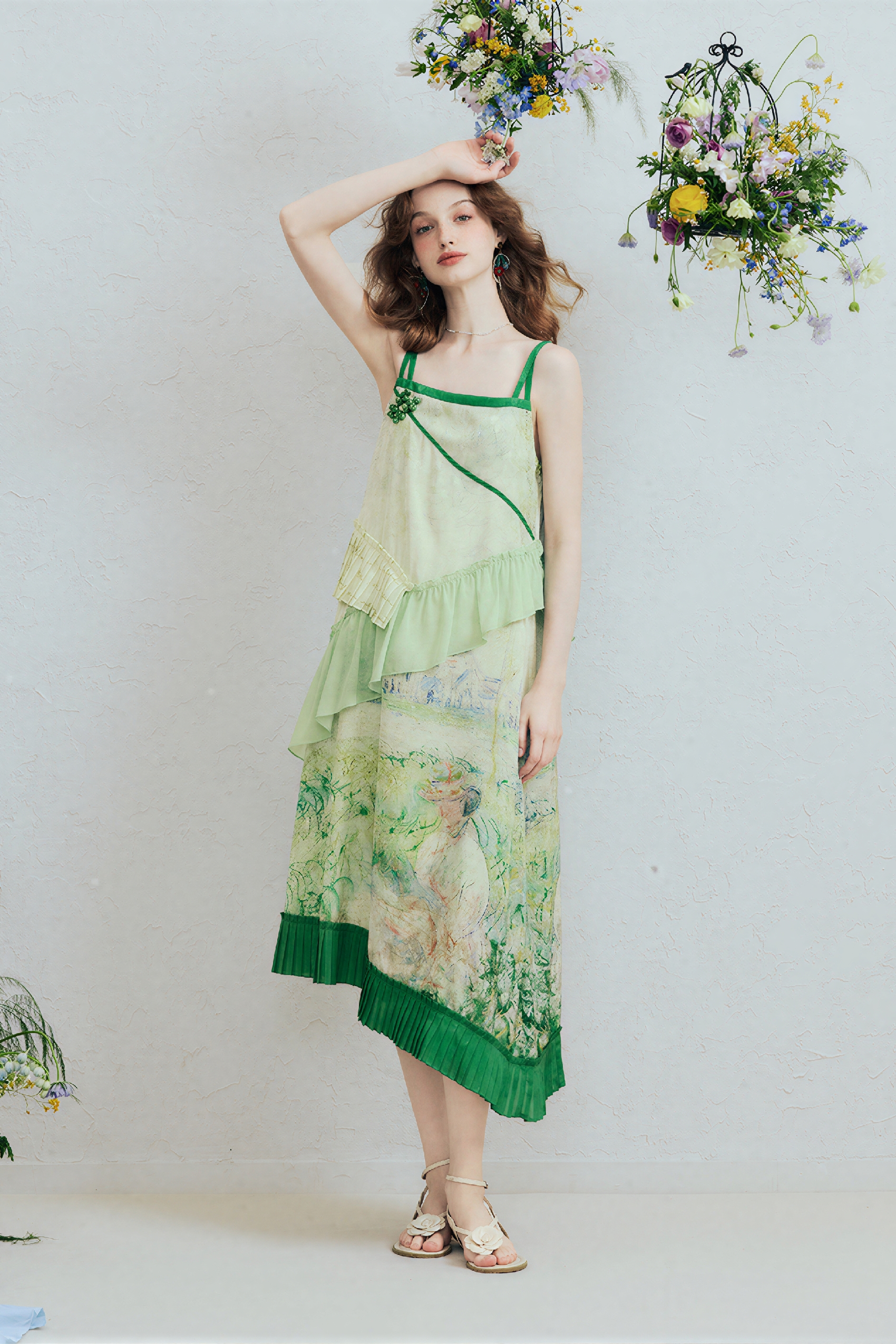 Green Ruffle Printed Strappy Dress | LYONSENS Women's Fashion
