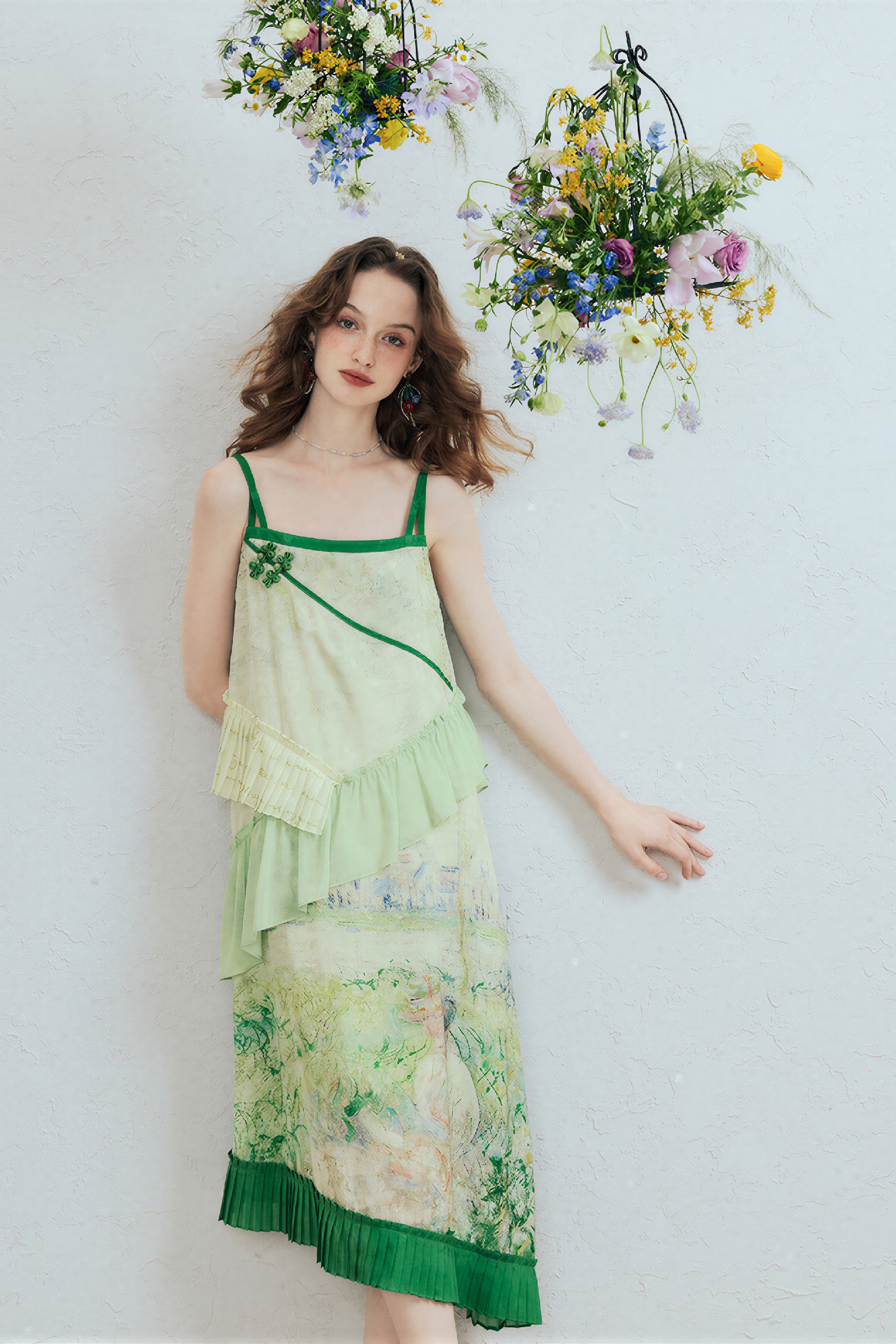 Green Ruffle Printed Strappy Dress | LYONSENS Women's Fashion