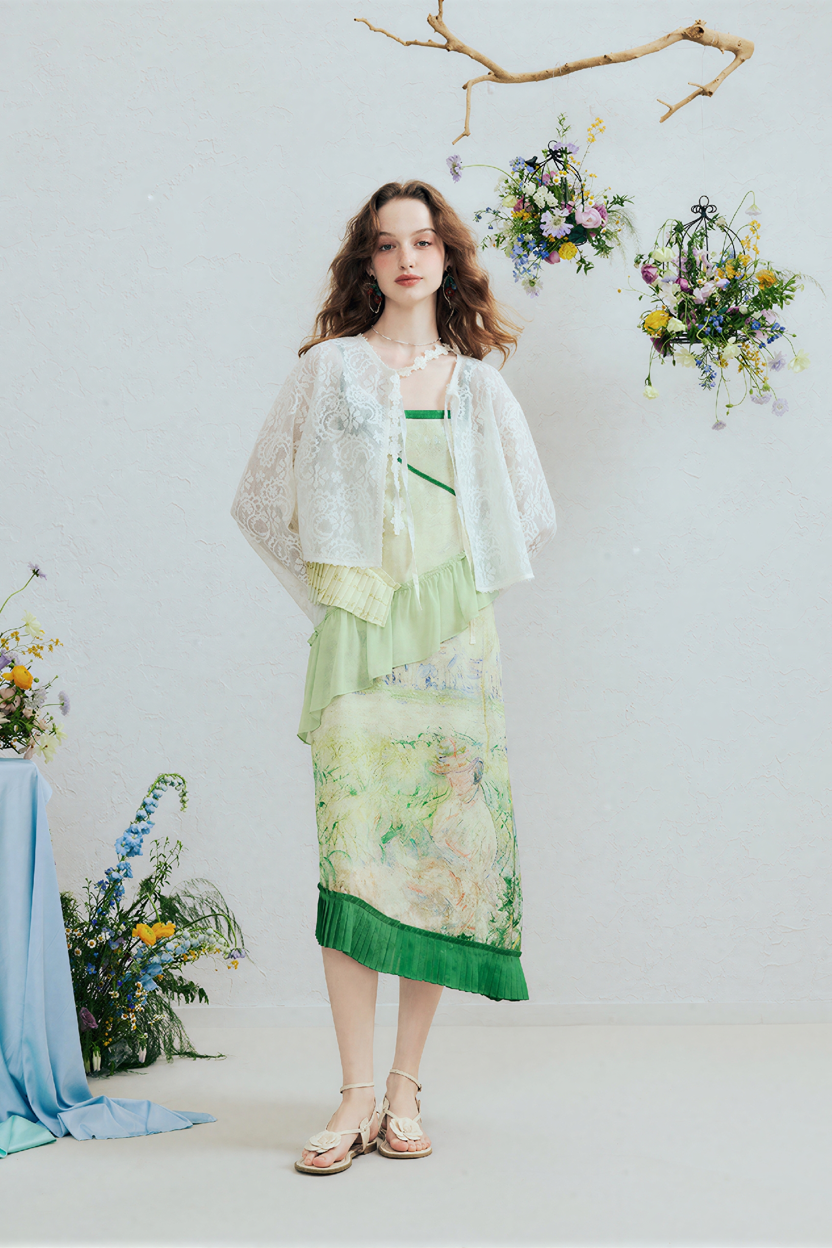Green Ruffle Printed Strappy Dress | LYONSENS Women's Fashion