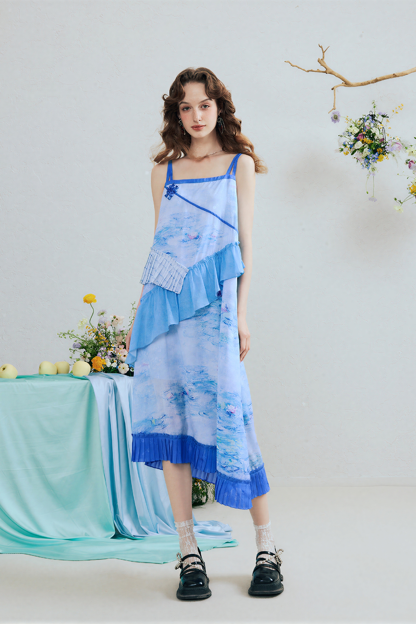 Green Ruffle Printed Strappy Dress | LYONSENS Women's Fashion